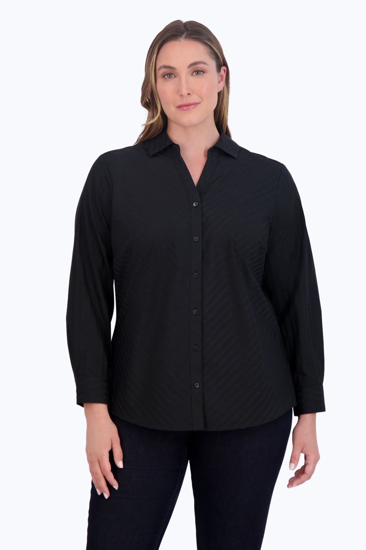 Mary Plus Dobby Stripe Long Sleeve Shirt for Women - Comfortable Casual Blouse for Work & Everyday Wear | Office, Date Night, Weekend Outfits