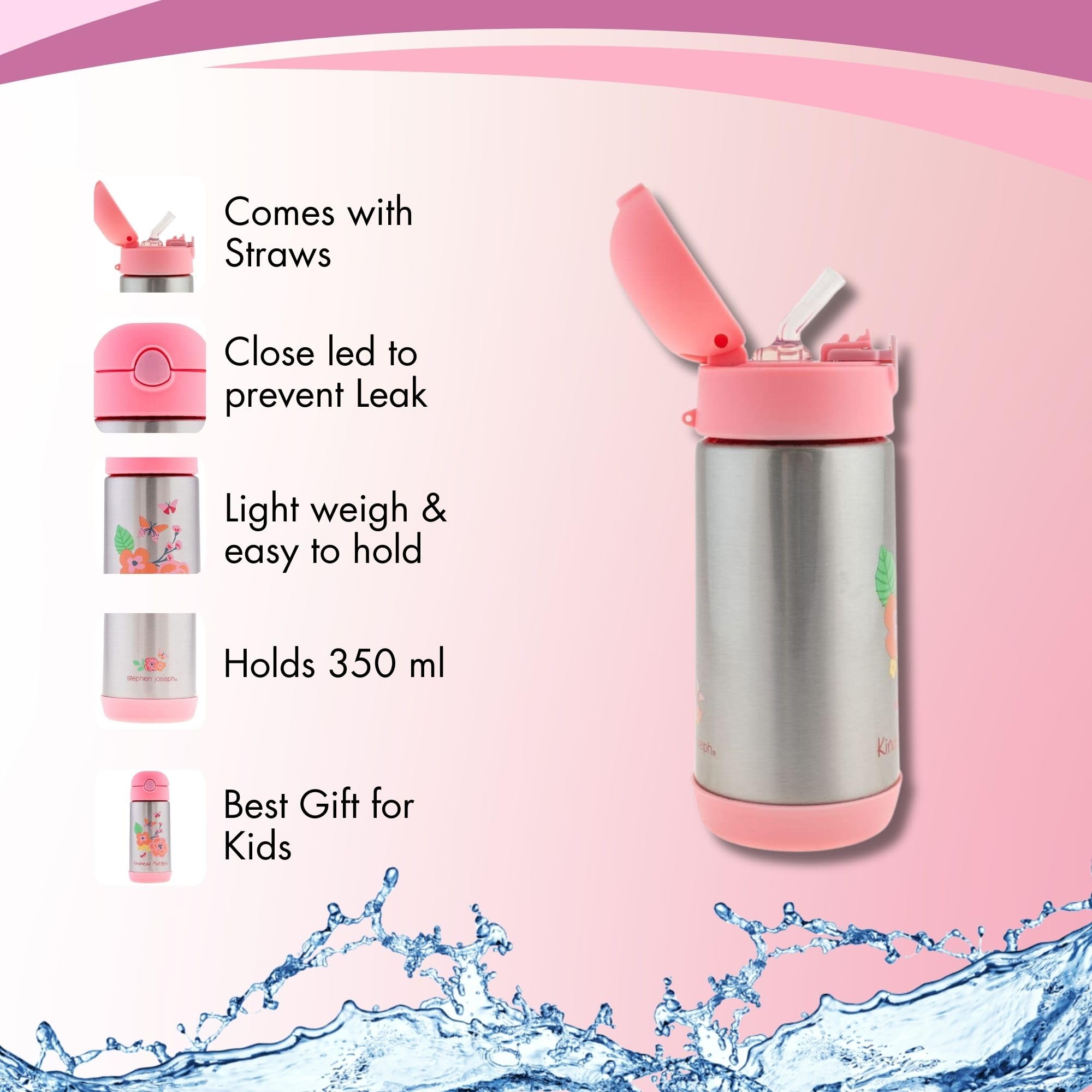 Stephen Joseph Double Wall Stainless Steel Water Bottle for Kids - 11.8oz Vacuum Insulated Toddler Bottle with Straw, BPA-Free, Leak Proof, FLORAL Design (SJ1212) - Perfect for School, Travel & Outdoor Activities