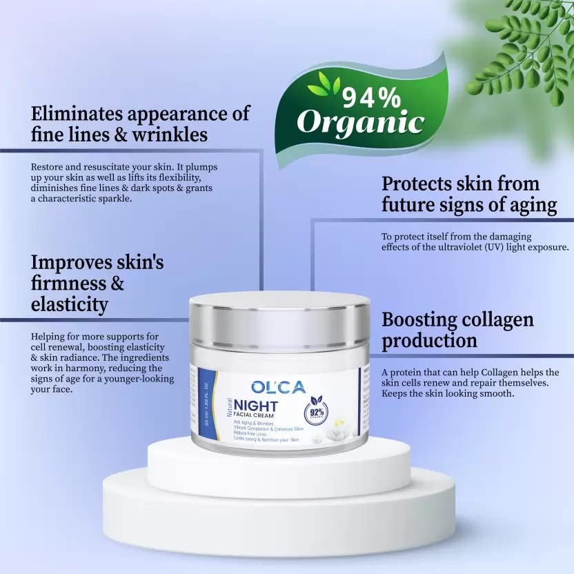 OLCA Anti-Aging Facial Night Cream for Wrinkles & Fine Lines - 50ml Hydrating Moisturizer with Glow Enhancement | Perfect for Nighttime Skincare Routine & Mature Skin Care
