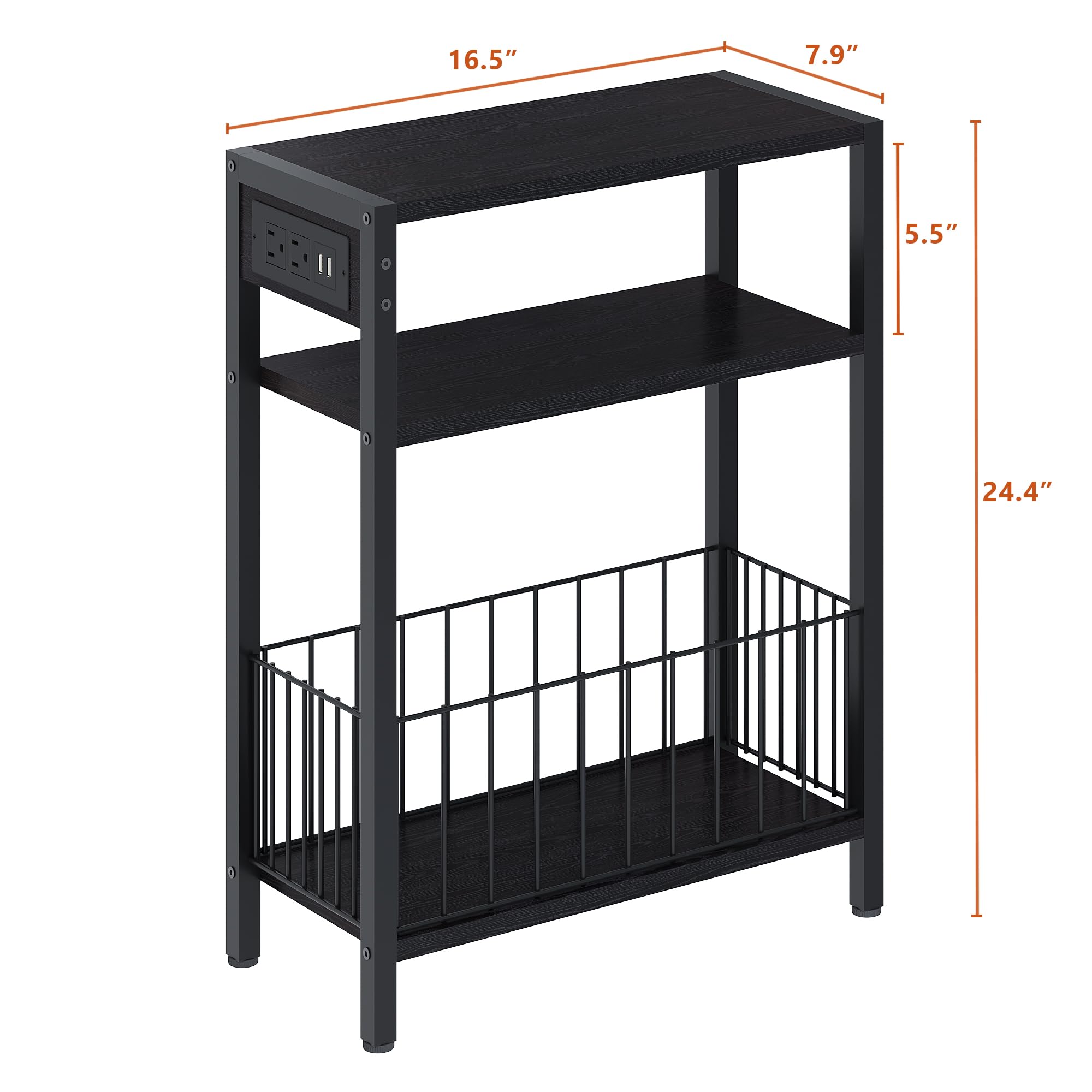Slim Narrow Side Table with USB Charging Station - 3-Tier Small End Table with Storage Basket for Bedroom, Living Room - Space-Saving Nightstand for Apartments, Dorms - Black (Perfect for Tight Spaces, Charging Devices & Organizing Essentials)