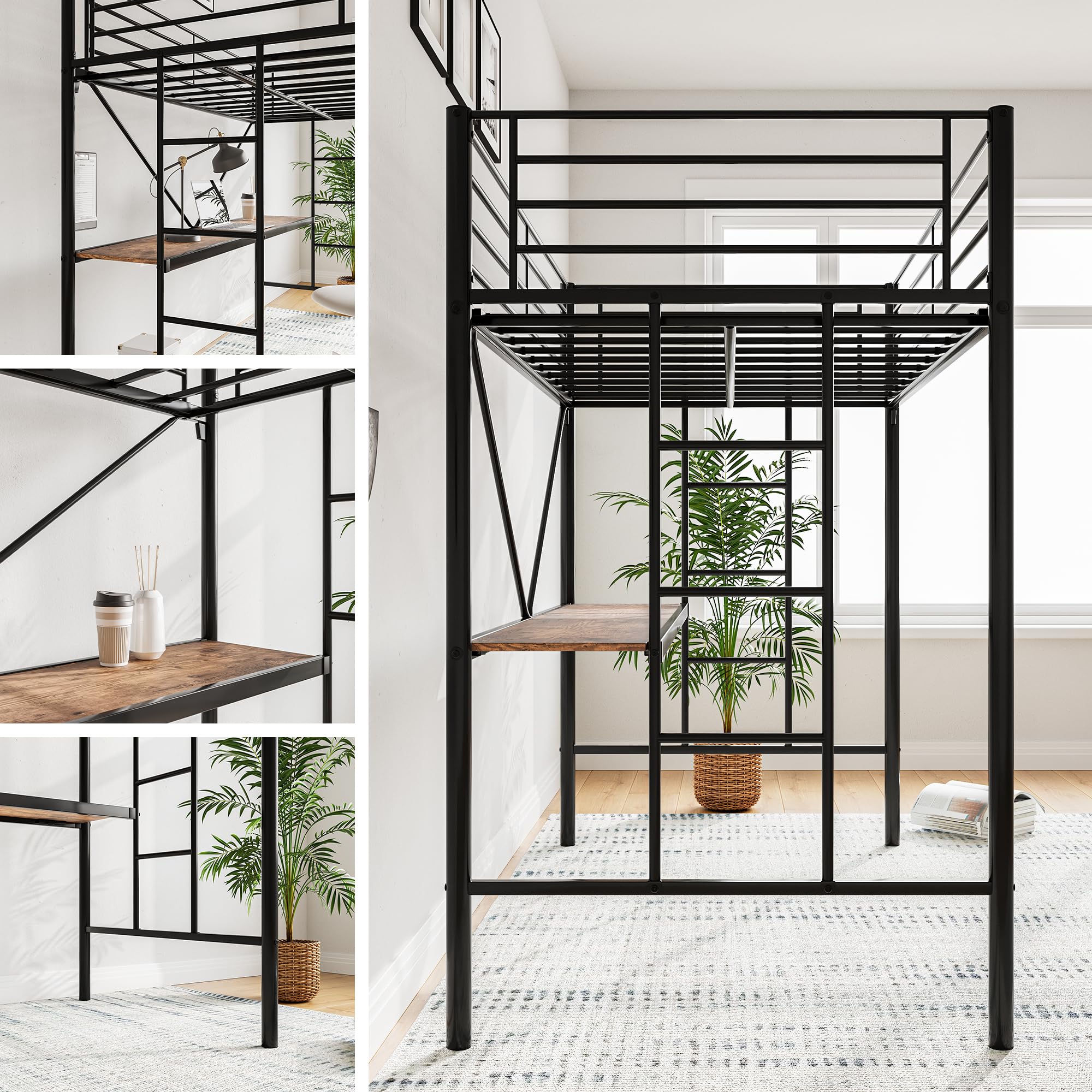 JURMERRY Metal Loft Bed with Desk & 2 Ladders - Twin Size Black Space-Saving Loft Bed with Safety Guard Rail, No Box Spring Required - Perfect for Small Bedrooms, Dorm Rooms & Studio Apartments