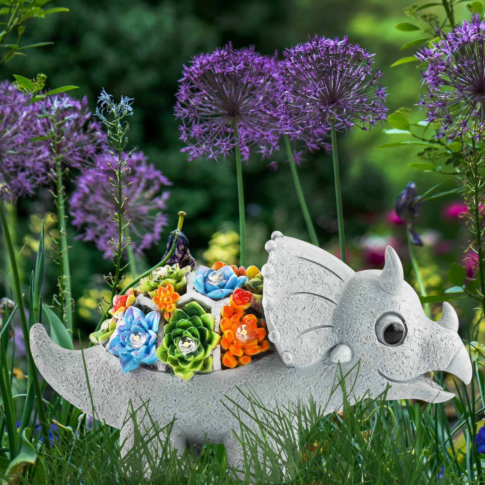 Solar Dinosaur Garden Statues with LED Lights & Succulent Planter - Outdoor Lawn Decor for Patio, Balcony, Yard - Unique Housewarming & Birthday Gifts for Women, Mom, Grandma - Perfect for Garden Themed Parties & Dinosaur Lovers