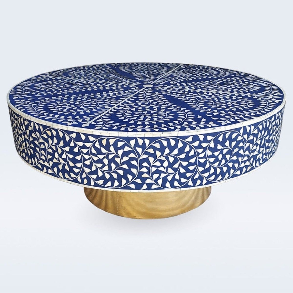Handmade Bone Inlay Floral Bohemian Round Coffee Table with Brass Base - Blue Vintage Home Decor for Living Room, Bedroom & Boho Style Interior Design