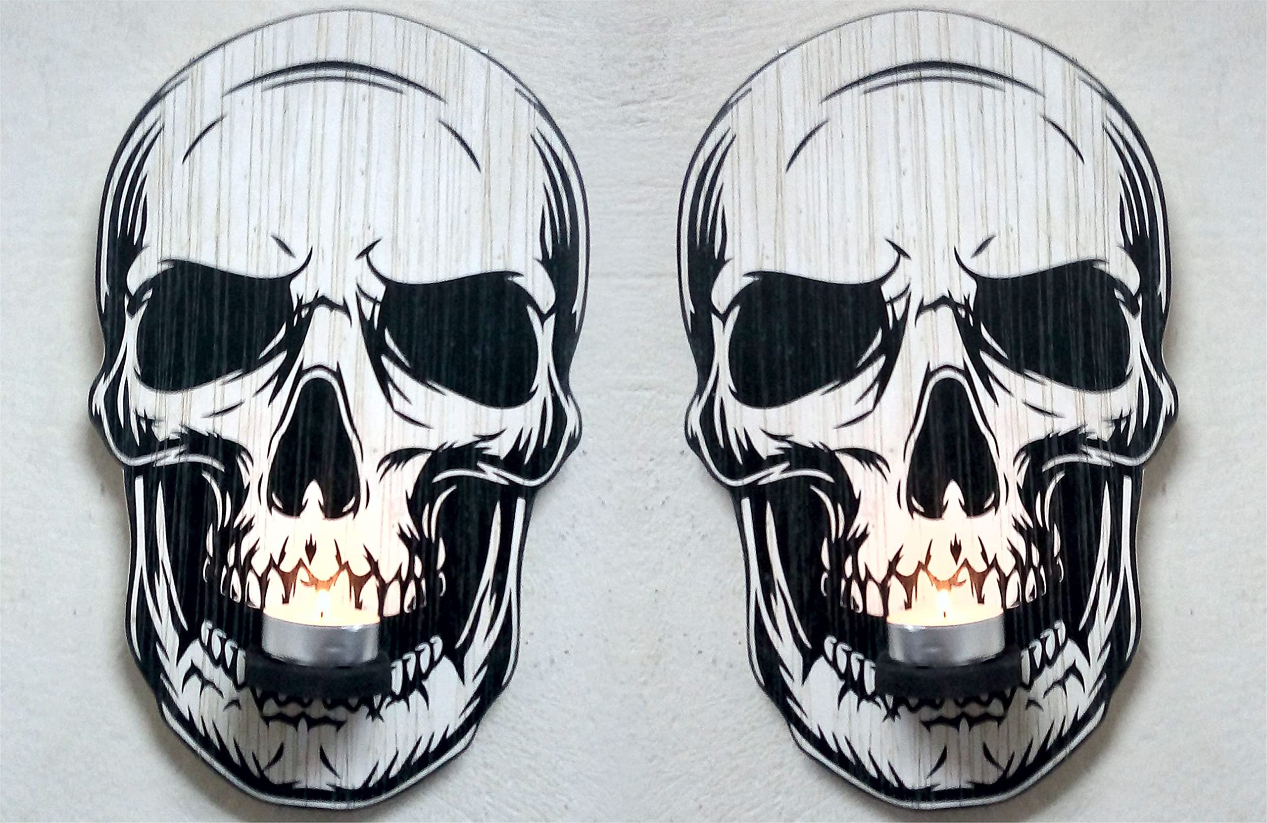 Gothic Skull Candle Sconces Set of 2 - Vintage Boho Wall Art with Wood Print - Hanging Candle Holders for Living Room Decor - Perfect for Halloween & Gothic Home Decorations