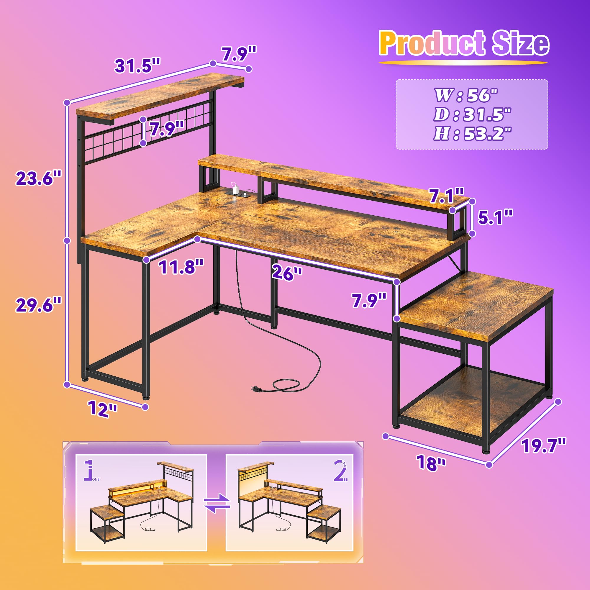 EnHomee L-Shaped Gaming Desk with Shelves, LED Lights & Power Outlets - Rustic Brown Computer Workstation for Home Office & Gaming Setup