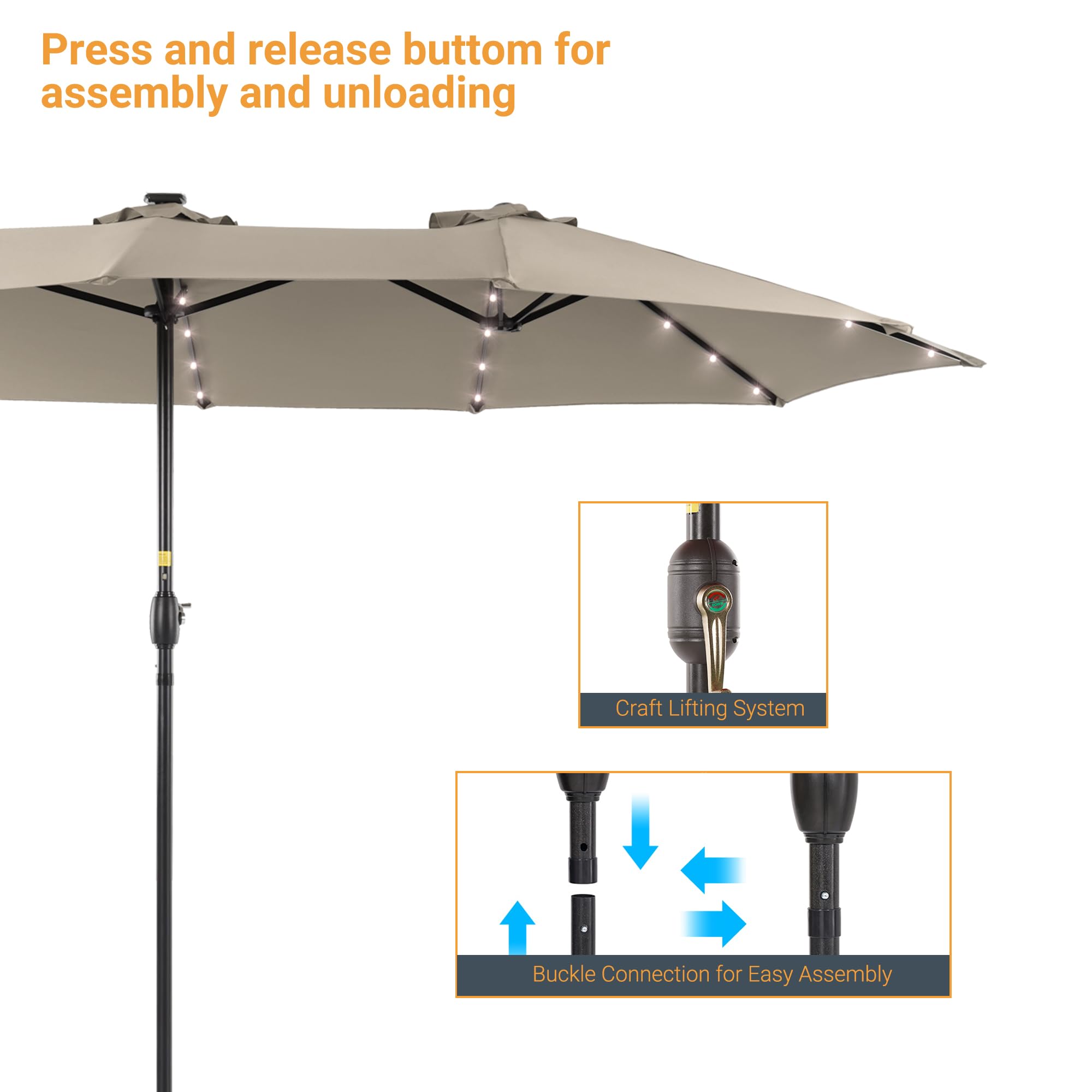 15ft Large Outdoor Patio Umbrella with Solar Lights - Double-Sided Rectangle Market Umbrella with 12 Sturdy Ribs & UV Protection - Perfect for Garden, Deck, Backyard, Poolside (Base Not Included) | Durable Shade Solution for Outdoor Dining, Lounging & Entertaining