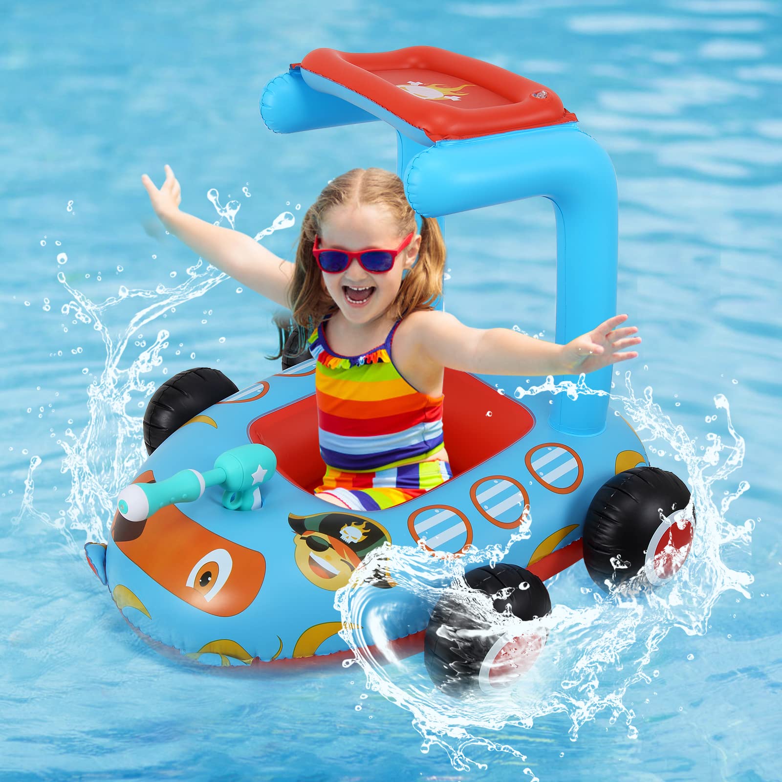 **Best Kids Pirate Boat Pool Float with Built-in Water Gun & Sun Canopy - Inflatable Swimming Pool Toy for Toddlers Ages 3-8 - Fun Outdoor Water Play for Boys, Girls & Family Beach/Pool Parties**
