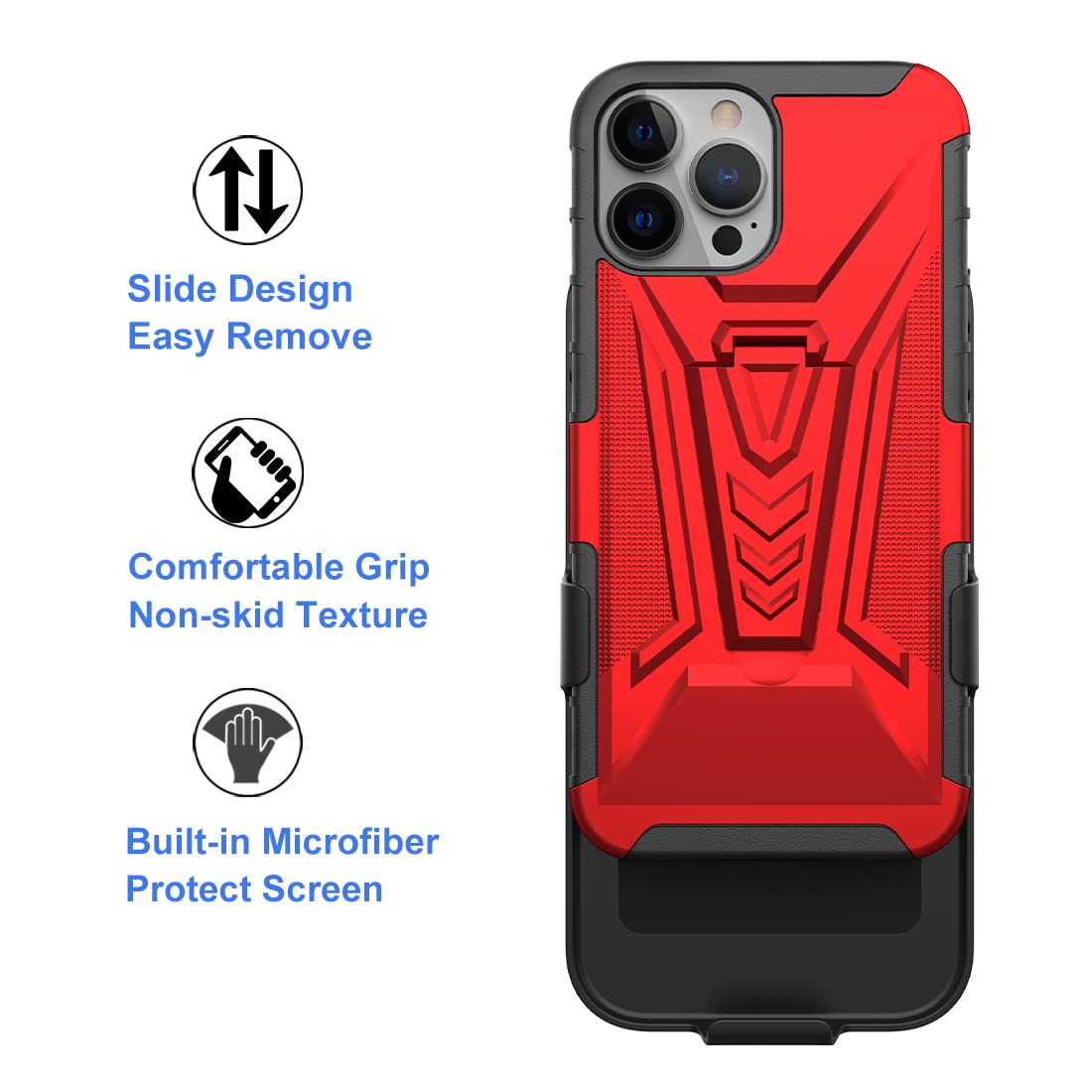 Ailiber Heavy Duty Shockproof iPhone 13 Pro Max Case with Screen Protector, Swivel Belt Clip & Kickstand - Full Body Protection for iPhone 13 Pro Max 6.7 Inch (Red) - Perfect for Outdoor Activities, Construction Work & Extreme Sports