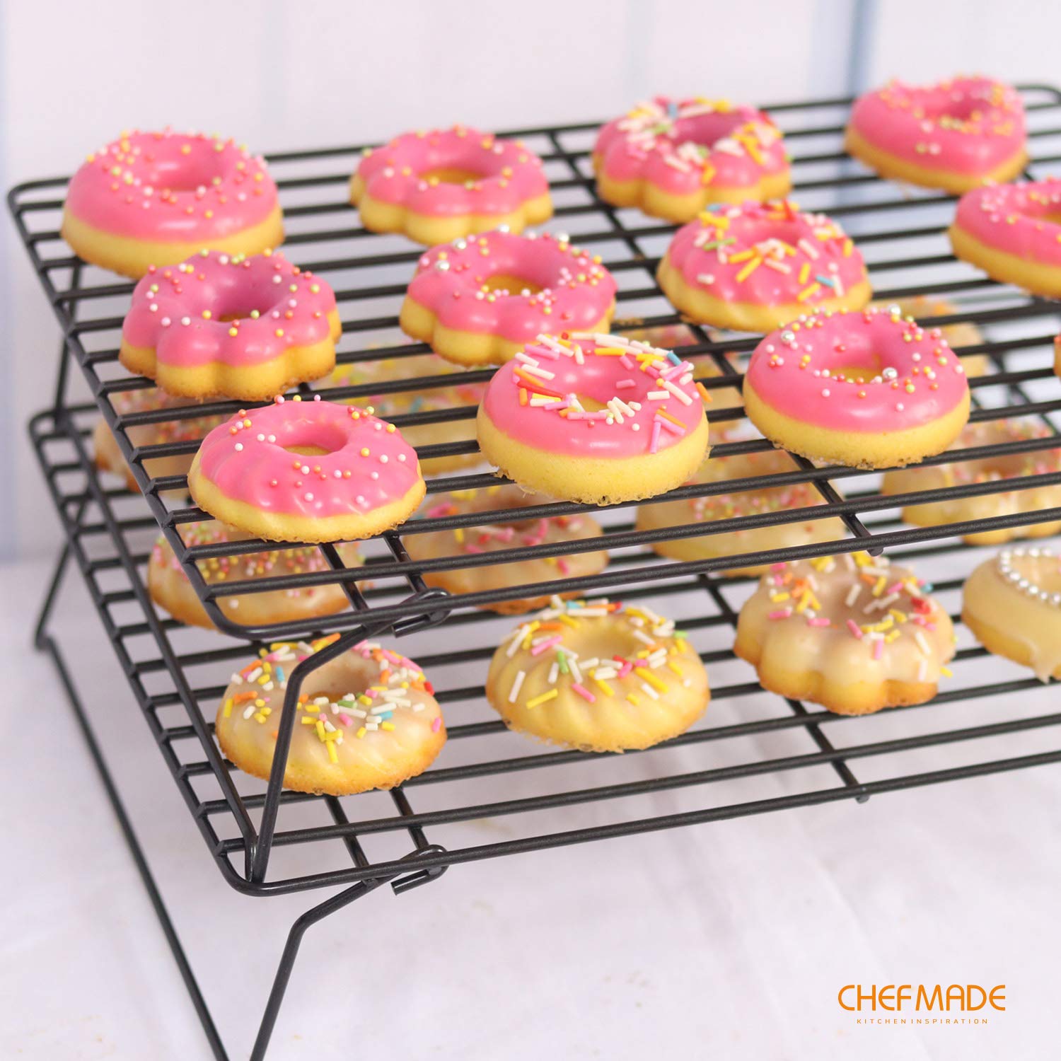 CHEFMADE 13.5-Inch 3-Tier Non-Stick Stackable Collapsible Baking Cooling Rack Set - Black Rectangle Wire Rack for Oven Baking, Roasting, Pastry Cooling - Perfect for Home Bakers & Professional Kitchens