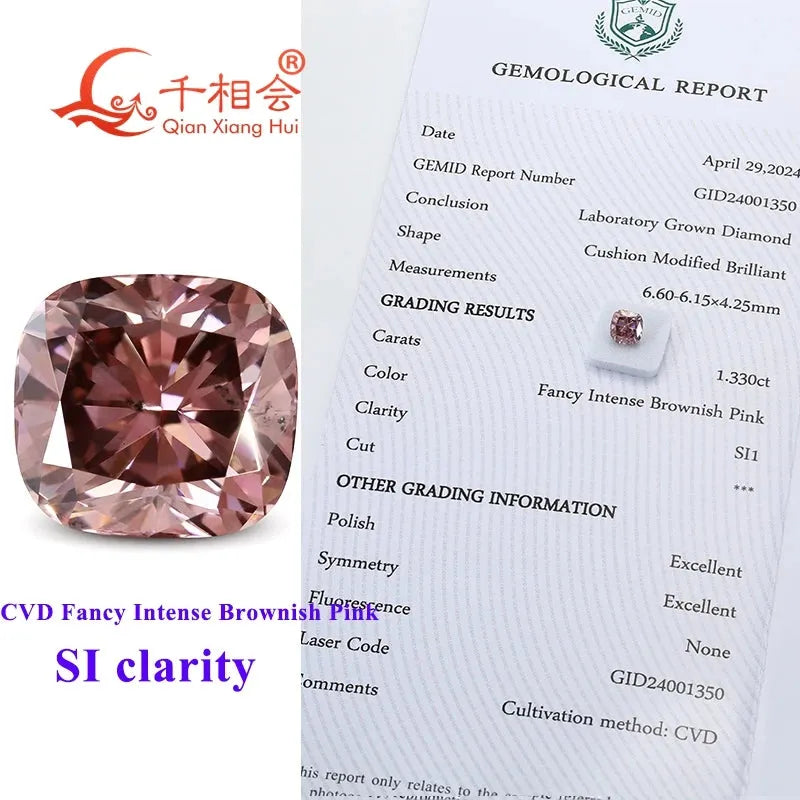 2.75ct CVD Lab Grown Diamond - Fancy Brownish Pink, VVS Clarity, Cushion Shape, GEMID Certified Loose Stone for Jewelry Making & Engagement Rings