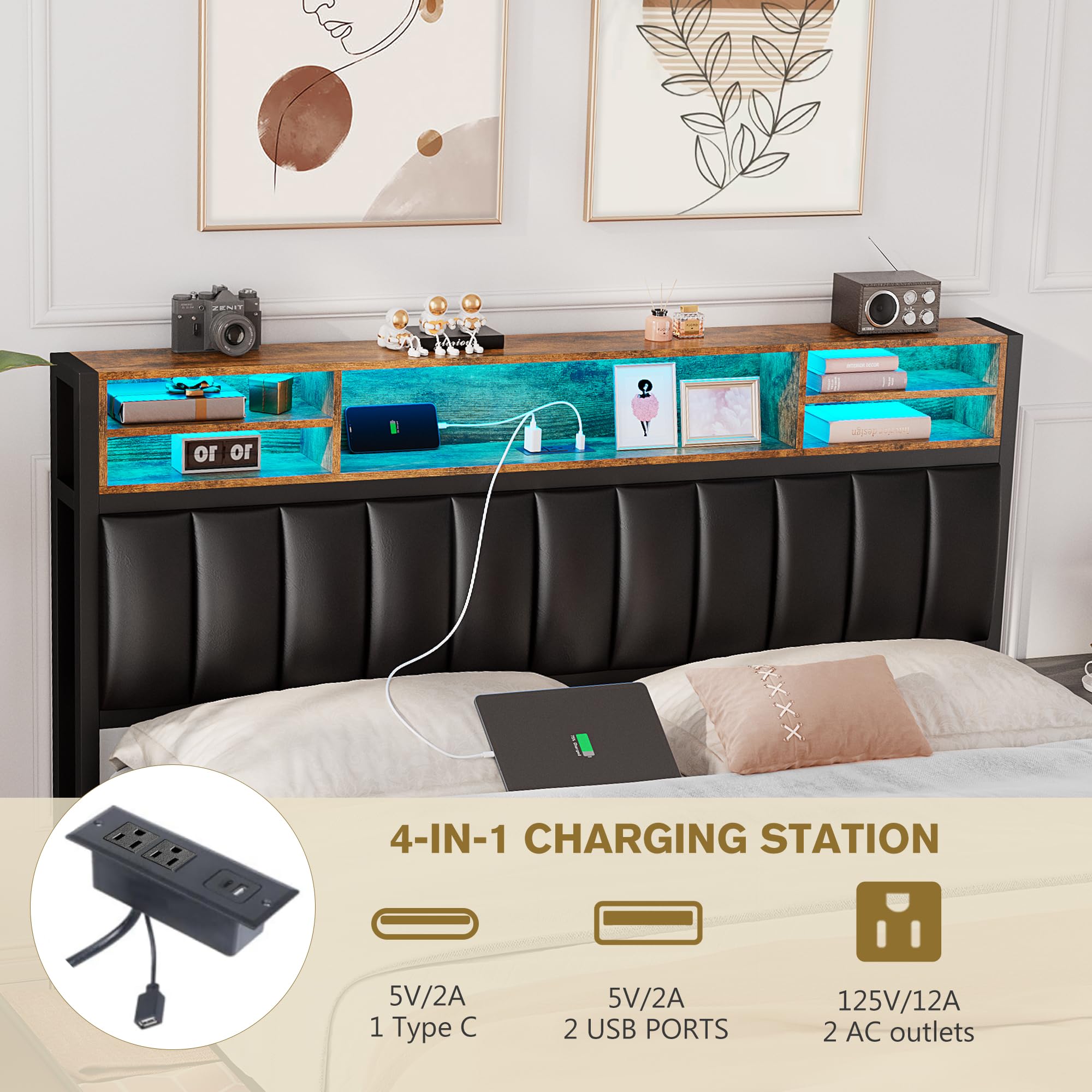 Alohappy Queen Size Upholstered Platform Bed Frame with 4 Storage Drawers, Bookcase Headboard, USB-C/USB Charging Station & LED Lights - No Box Spring Needed - Modern Black Bedroom Furniture for Small Spaces & Studio Apartments