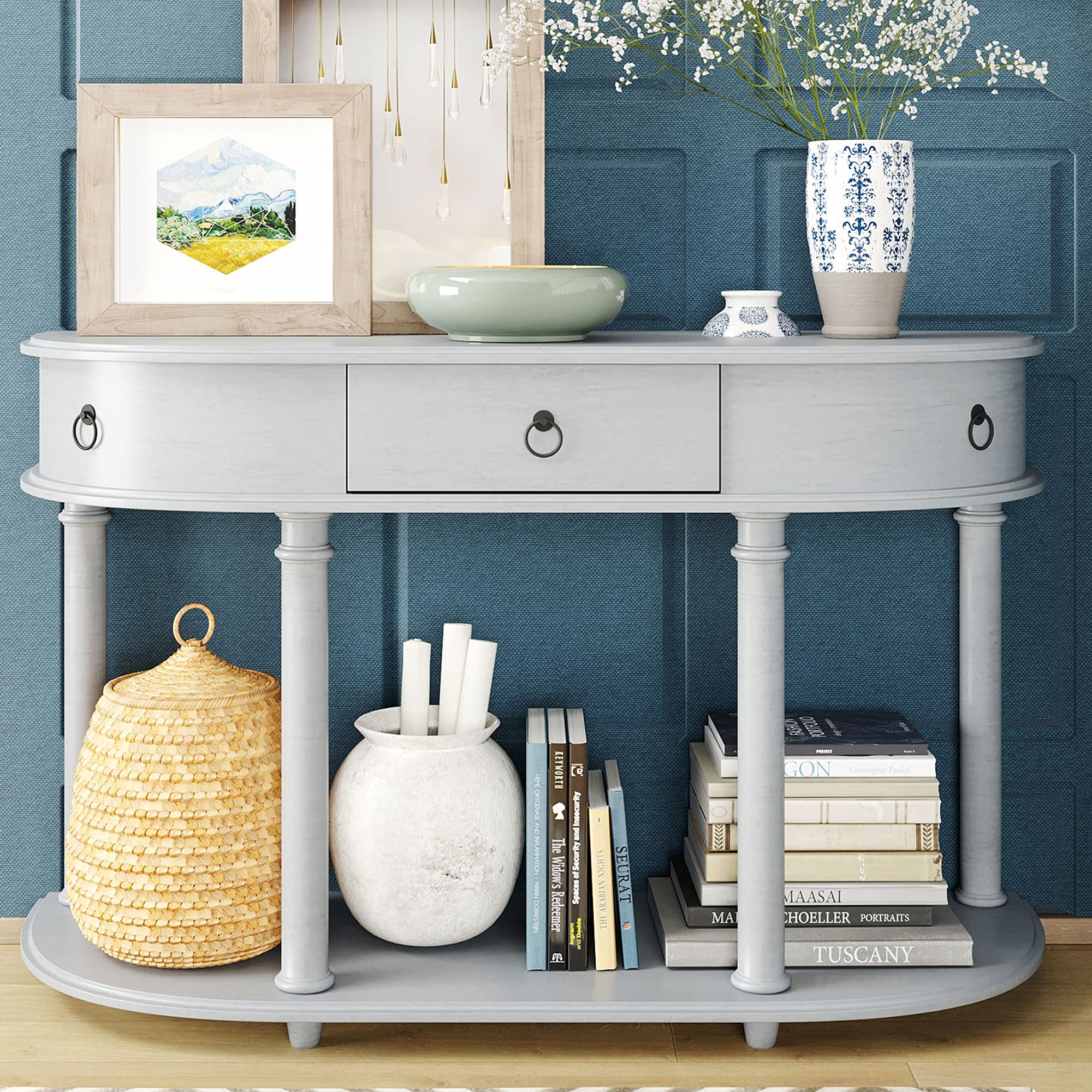 Vintage Round Curved Console Table with Drawer & Bottom Shelf - Retro Sofa Table for Entryway, Hallway & Living Room - Antique Style Sideboard with Storage for Home Decor
