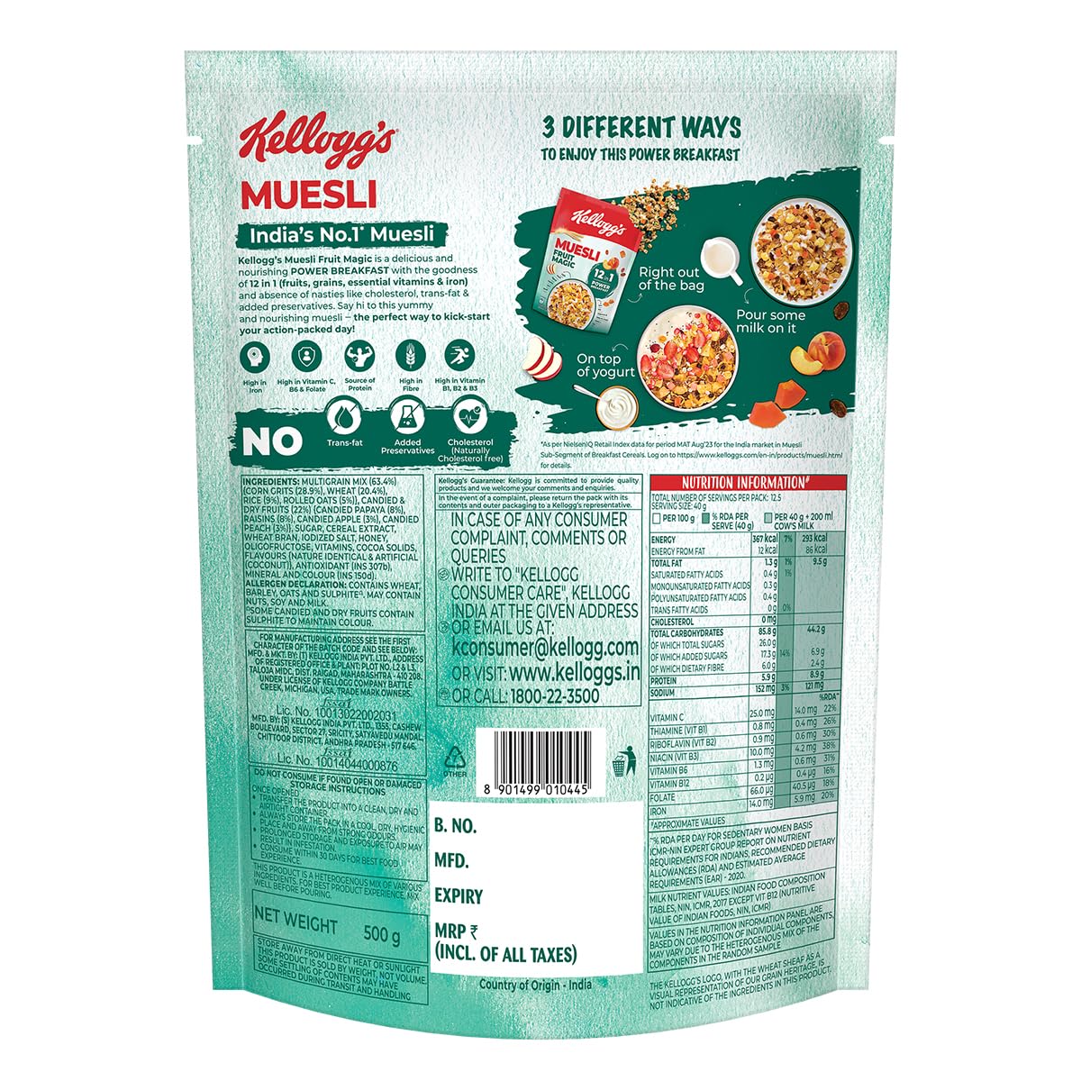 Kellogg's Muesli with 24% Fruit - 500g Breakfast Cereal | Healthy Morning Meal & Snack for Adults & Kids | Perfect for Home, Office & Travel