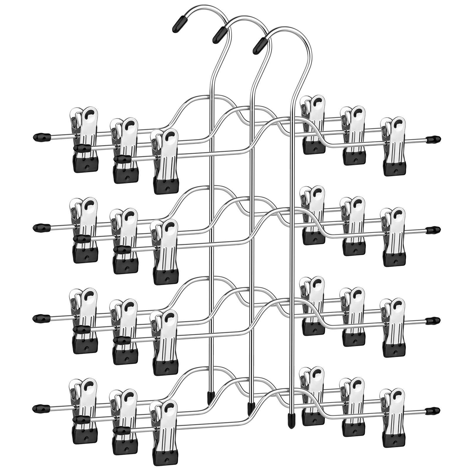 SONGMICS 4-Tier Space Saving Pants Hangers with Non-Slip Clips - Set of 3 Multi-Functional Skirt & Trouser Organizers for Closet Storage - Perfect for Wardrobe, Laundry Room, and Travel Packing (Silver, UCRI042BK)