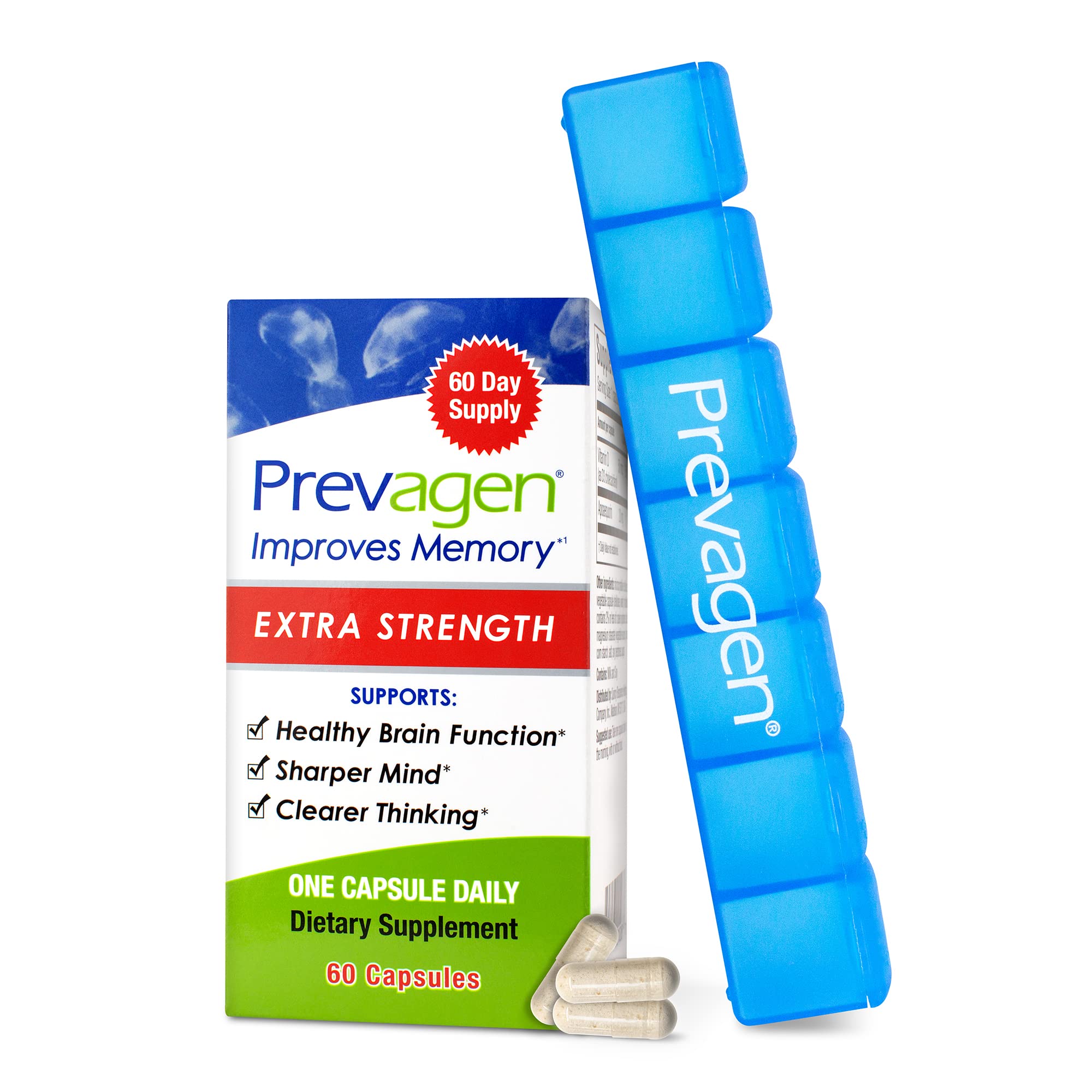 Prevagen Extra Strength 20mg Memory Supplement - 60 Capsules with Apoaequorin & Vitamin D | Brain Health Support for Better Focus & Cognitive Function | Includes 7-Day Pill Organizer | Ideal for Seniors, Students & Busy Professionals