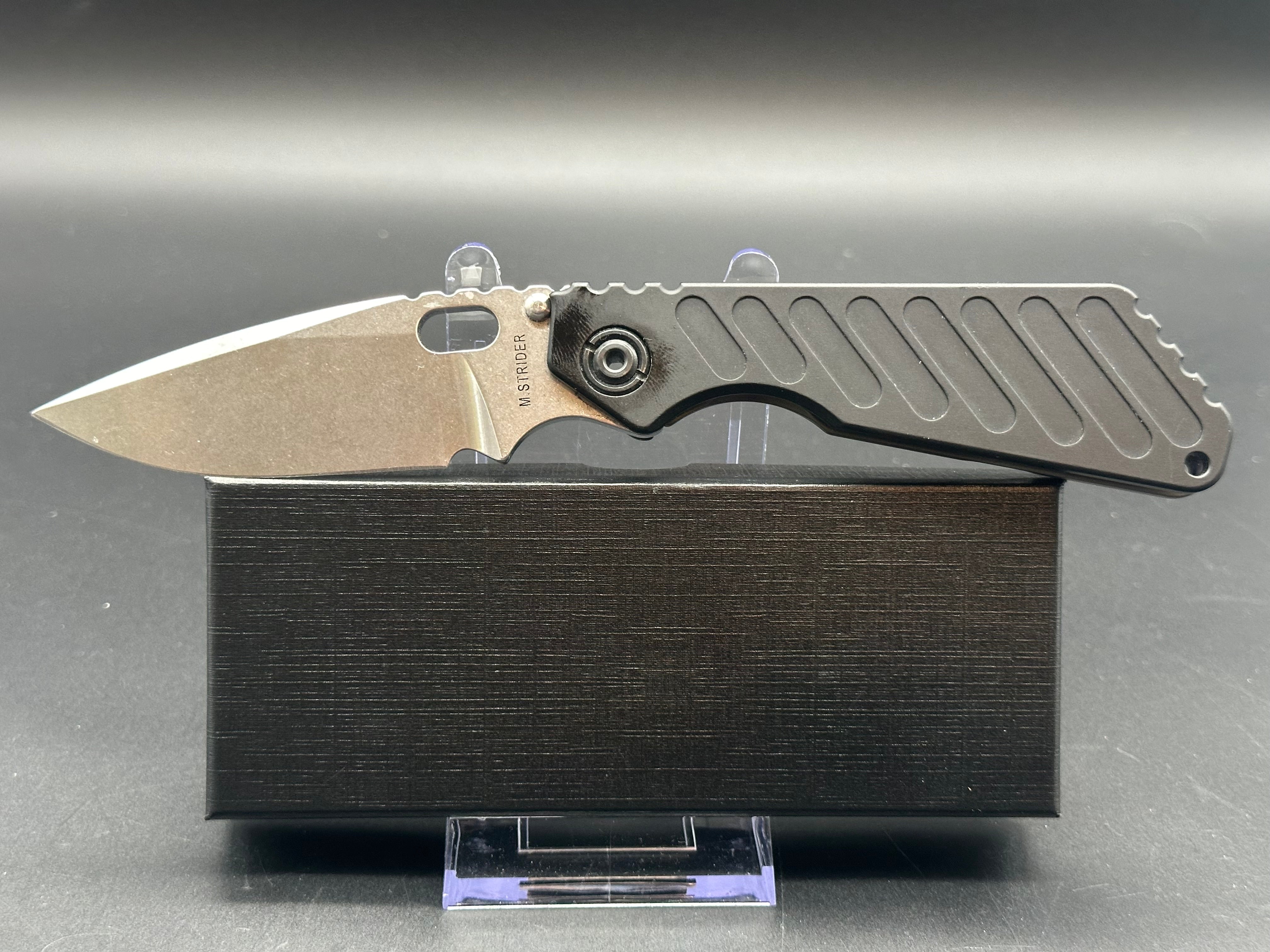 Strider SNG Knife with Logo - Black Aluminum & Flamed Titanium Handle - CPM20CV Steel Blade - EDC Tactical Folding Knife for Outdoor, Camping, and Survival