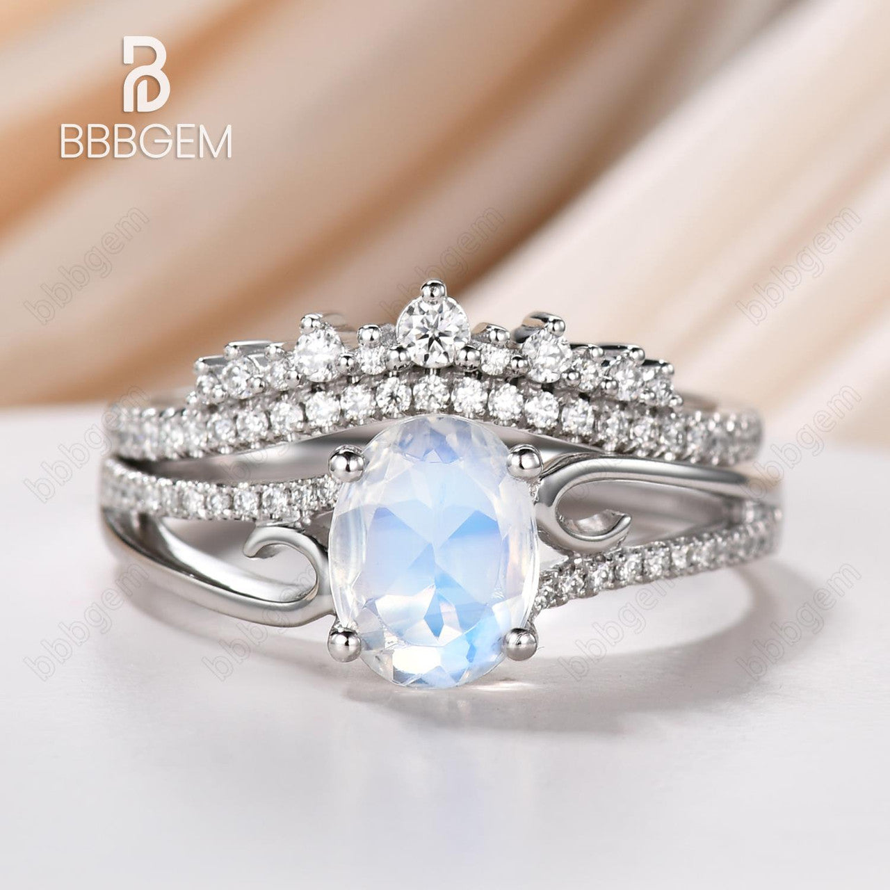 Vintage Art Deco Moonstone & Diamond Engagement Ring Set with Curved Split Shank Band & Matching Crown Wedding Ring - Perfect for Bridal Jewelry, Anniversary Gifts & Special Occasions