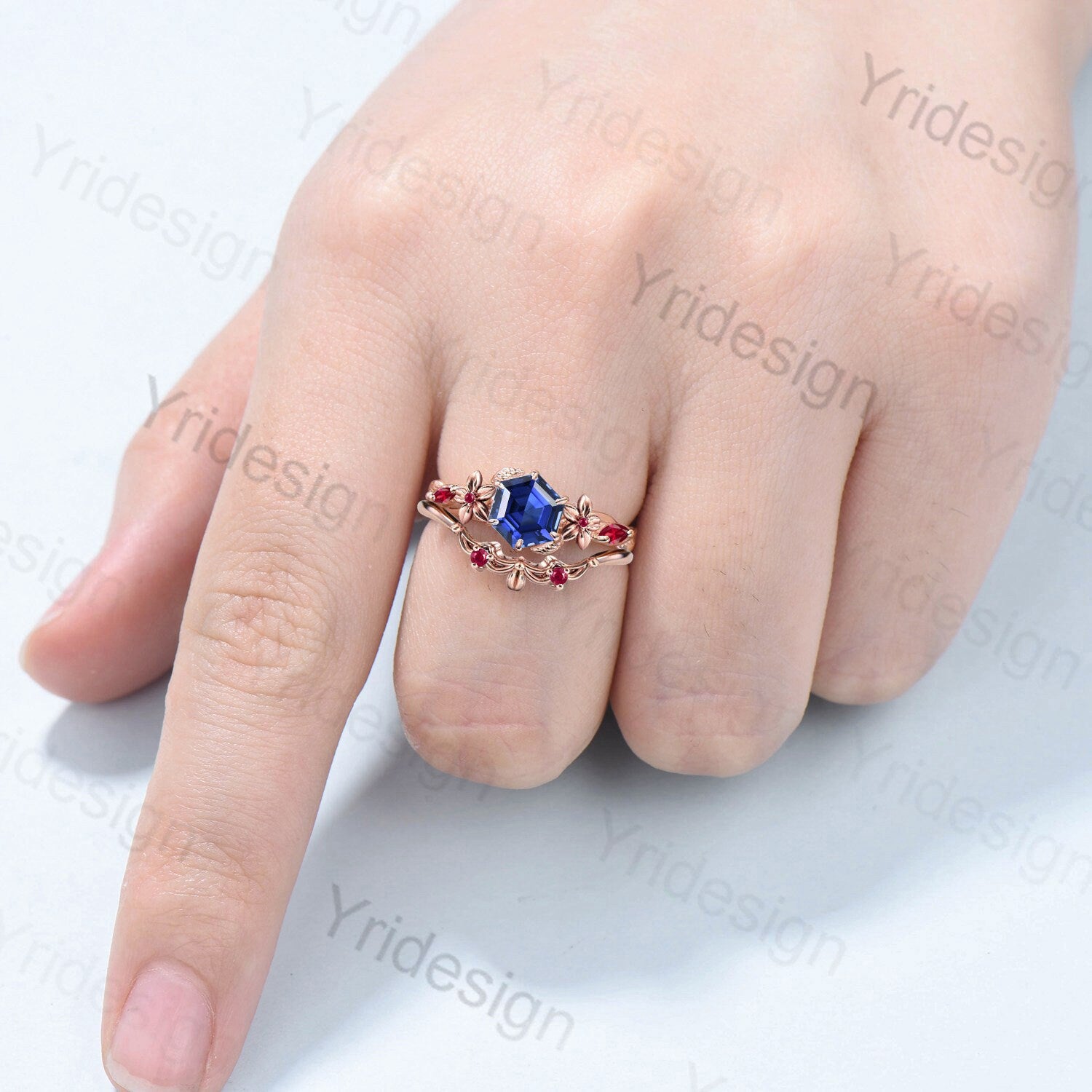 Hexagon Cut Sapphire Engagement Ring Set for Women - Nature Inspired Leaf & Flower Design with Ruby Accents - Perfect for Weddings, Anniversaries, and Special Occasions