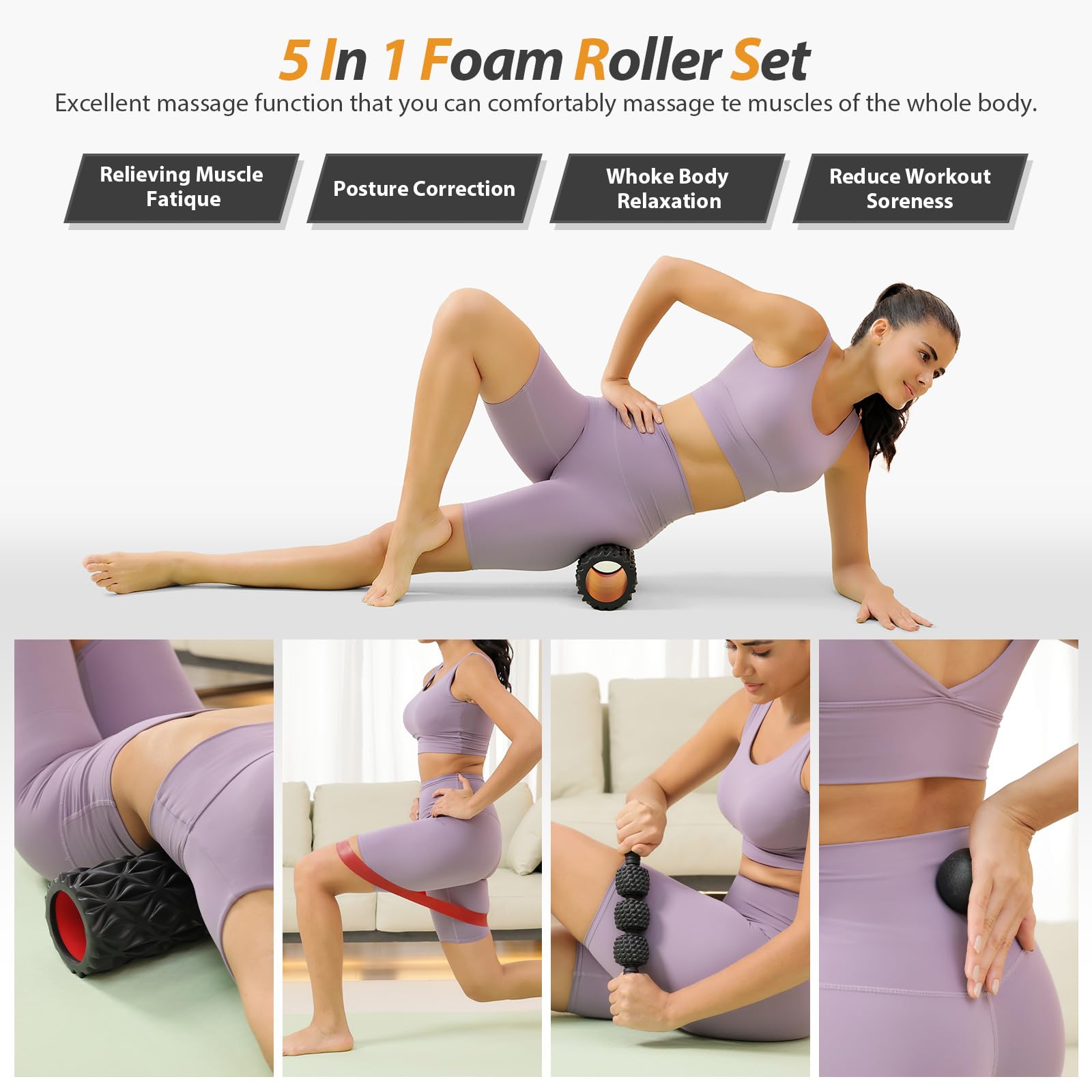 5-in-1 High Density Foam Roller Set for Deep Tissue Massage - Includes Exercise Foam Roller, Massage Ball, Resistance Band & Trigger Point Roller for Full Body Recovery | Perfect for Gym, Yoga, Home Workouts & Physical Therapy