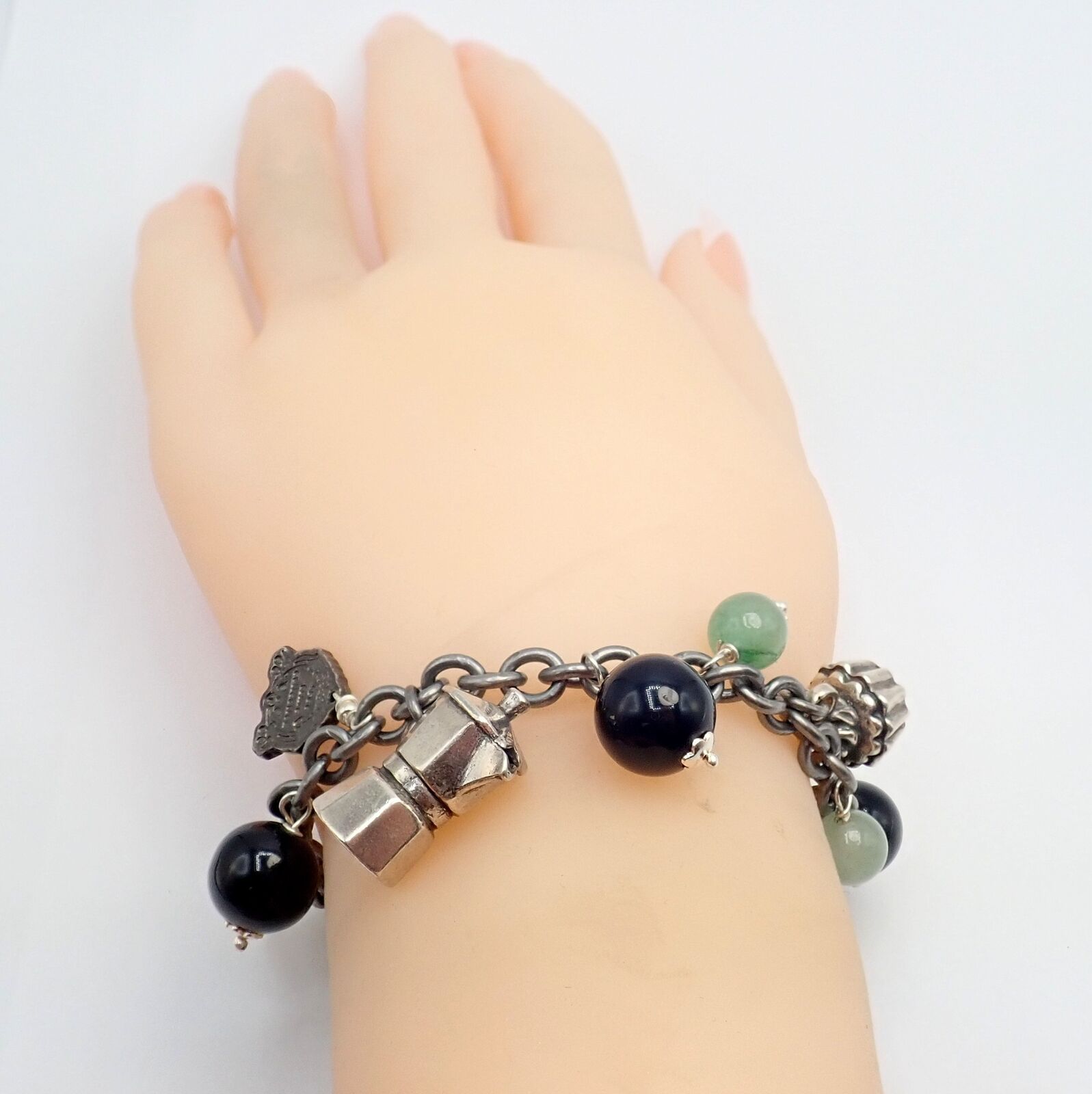 Vintage Mario Buccellati Sterling Silver Coffee Jadeite Onyx Beaded Charm Bracelet - Elegant Jewelry Gift for Women, Perfect for Parties, Weddings & Special Occasions