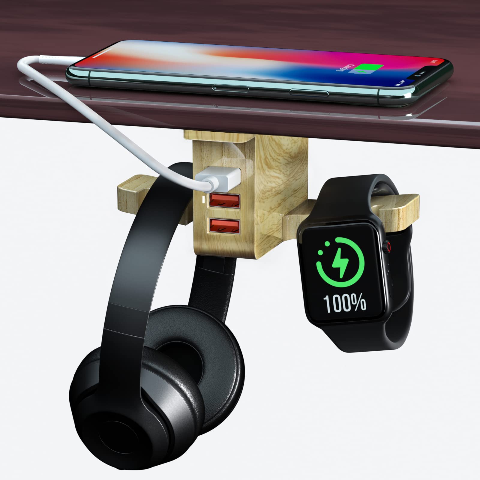 Cozoo Wooden Headphone Stand with 3-Port USB Charger & Smart Watch Dock - Under Desk Mount for Wireless Headphones, iWatch, and Dual Earphone Hanger - Perfect for Home Office, Gaming Setup & Workspace Organization (UL Certified)