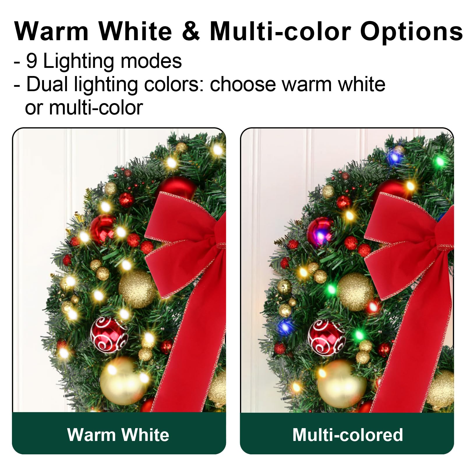24 Inch Prelit Christmas Wreath with Battery Operated LED Lights & Remote - Waterproof Outdoor Holiday Door Wreath with Timer, 50 Warm White LEDs, Wreath Hanger & Ball Ornaments - Perfect for Front Door, Fireplace, Window & Christmas Home Decorations