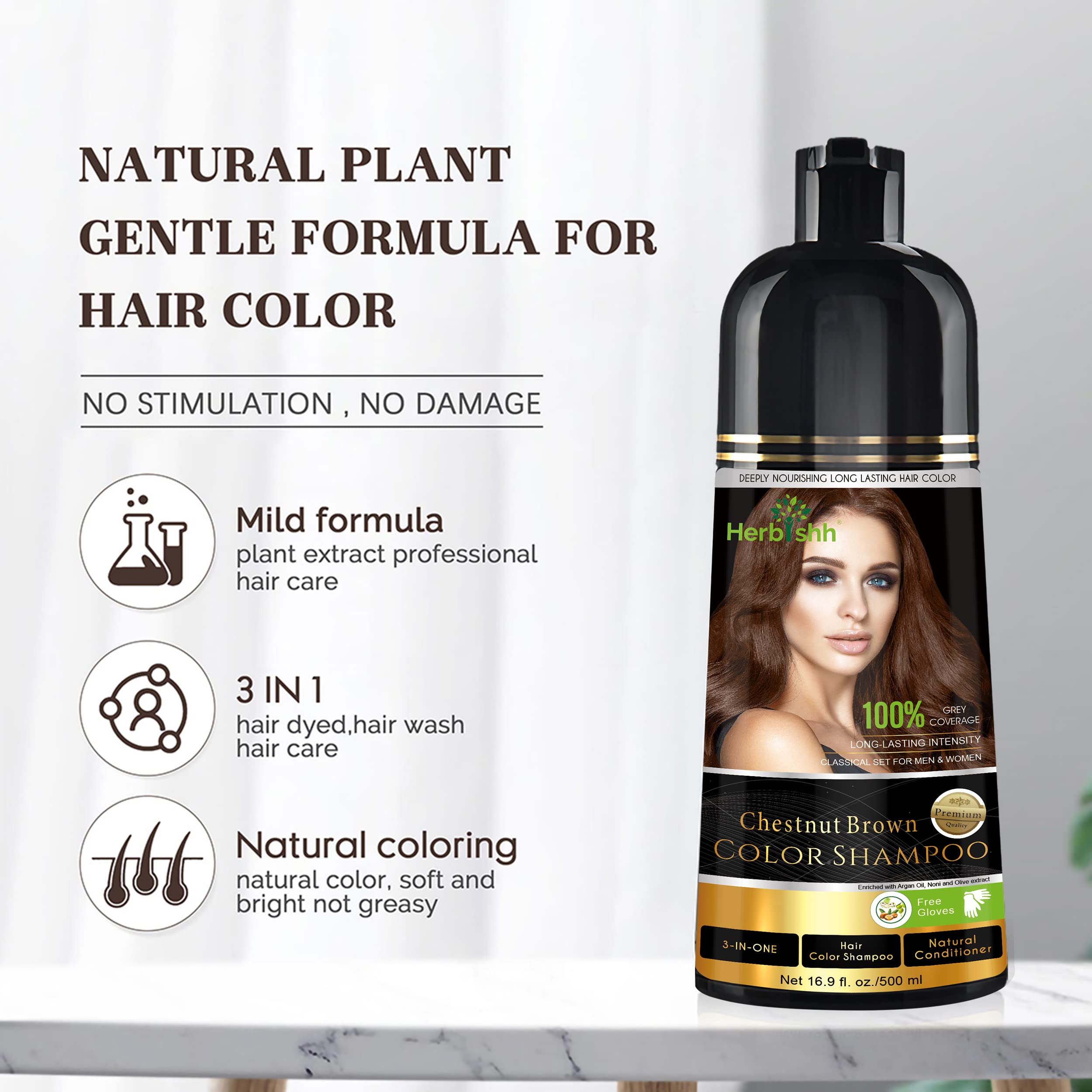 Herbishh Chestnut Brown Hair Color Shampoo Set - 3 Bottles with Deep Conditioning Hair Mask & Styling Brush | At-Home Hair Coloring & Nourishment for Vibrant, Long-Lasting Color