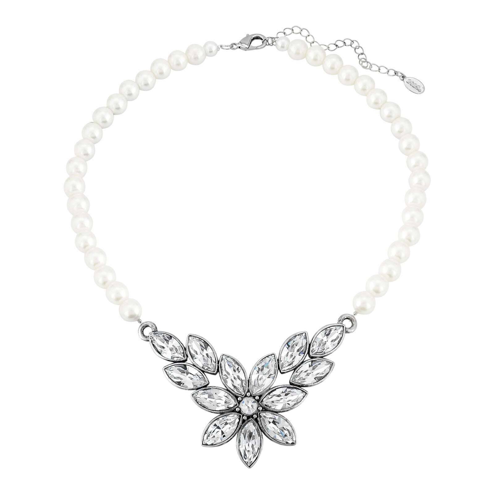 1928 Jewelry Austrian Crystal Flower & Black Glass Beaded Necklace - Adjustable 15-18 Inch Length | Elegant Vintage Necklace for Women, Perfect for Weddings, Parties & Special Occasions