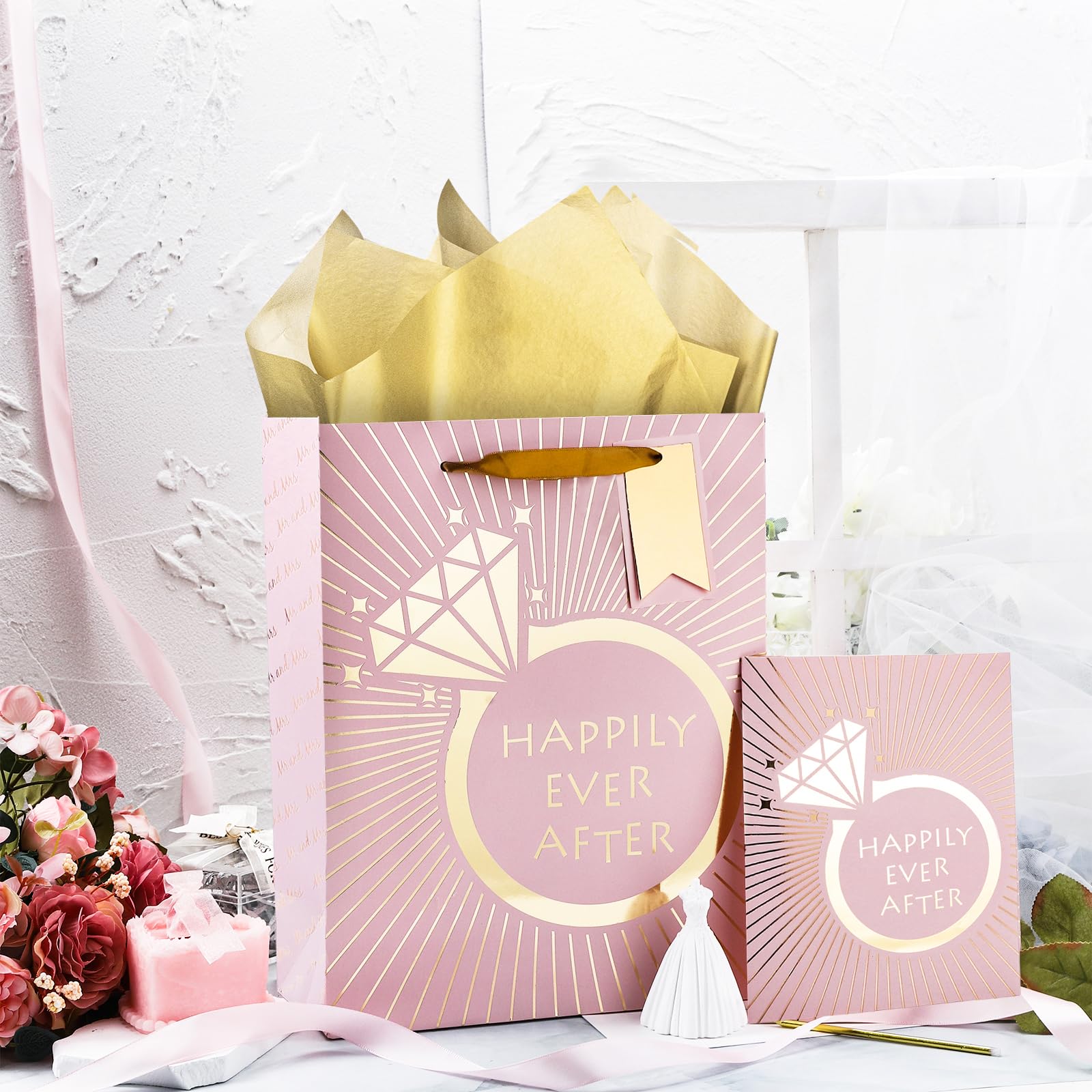 Wedding Gift Bag with Tissue Paper & Card - 10x5x13in, Pink for Parties & Events