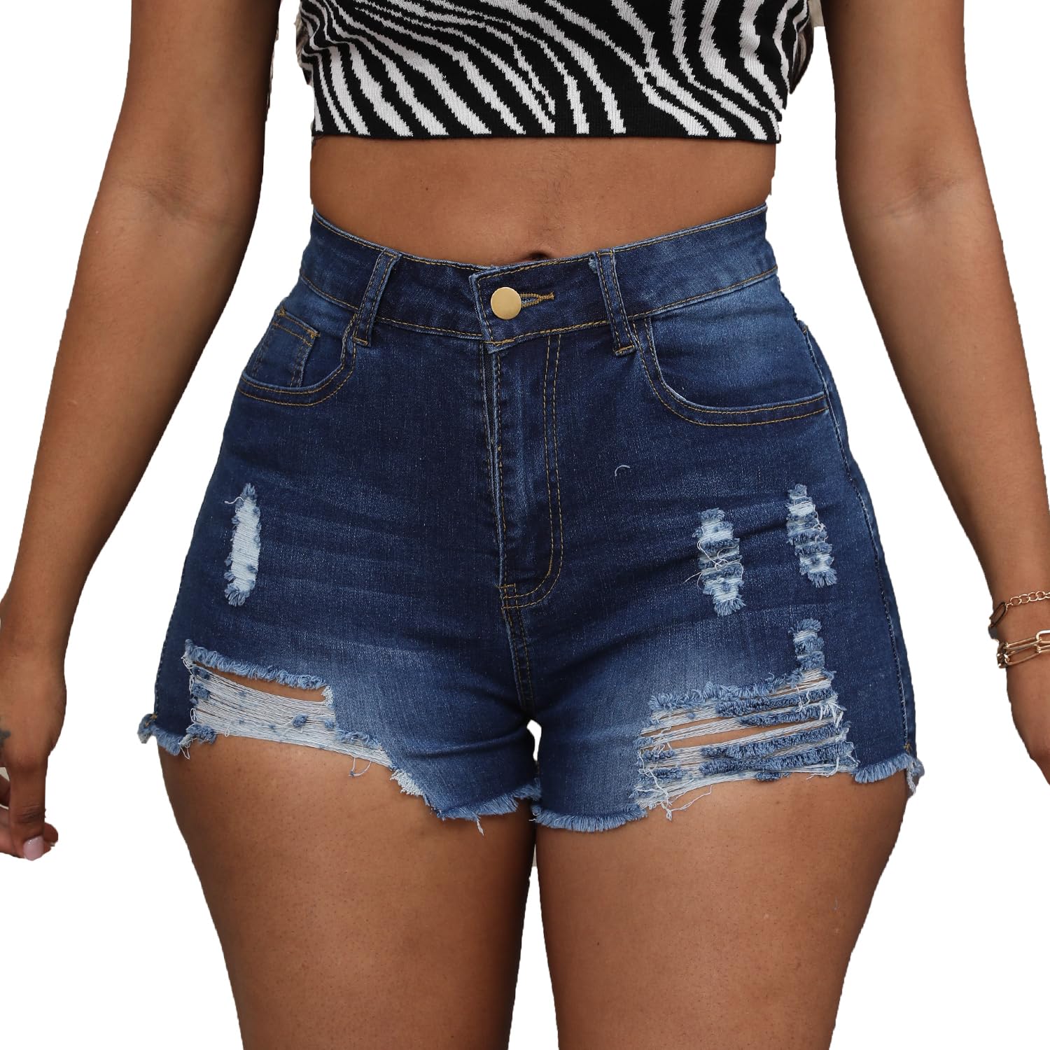 Women's Ripped Denim Shorts - Stretchy High Waist Distressed Jeans Shorts with Raw Hem for Casual Wear & Summer Outfits