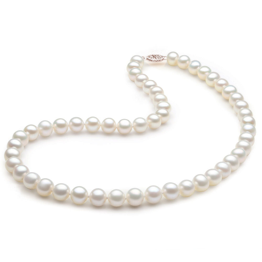 14K Solid Gold White Freshwater Cultured Pearl Necklace - AAA Quality, 18