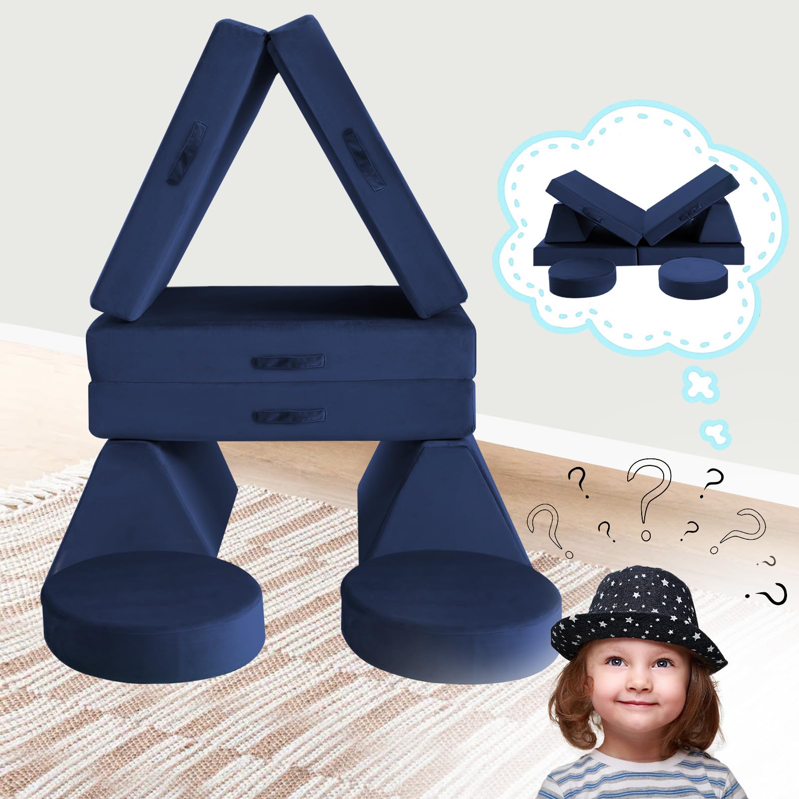 MeMoreCool Modular Kids Play Couch - Navy Blue Foam Sofa for Toddlers & Children | Playroom Furniture for Building Forts, Reading Nook & Indoor Playtime