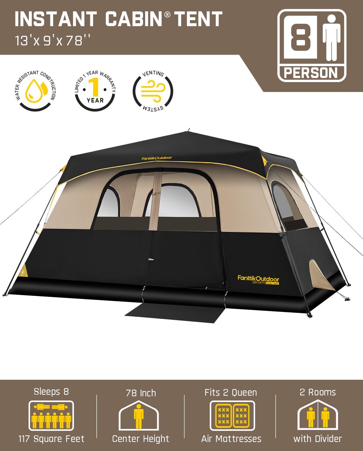 Fanttik Instant Cabin Tent for Camping - 4/6/8/10 Person Family Tent with Rainfly & Windproof Design, 60-Second Setup, Portable with Carry Bag - Perfect for Outdoor Adventures, Backpacking & Hiking Trips