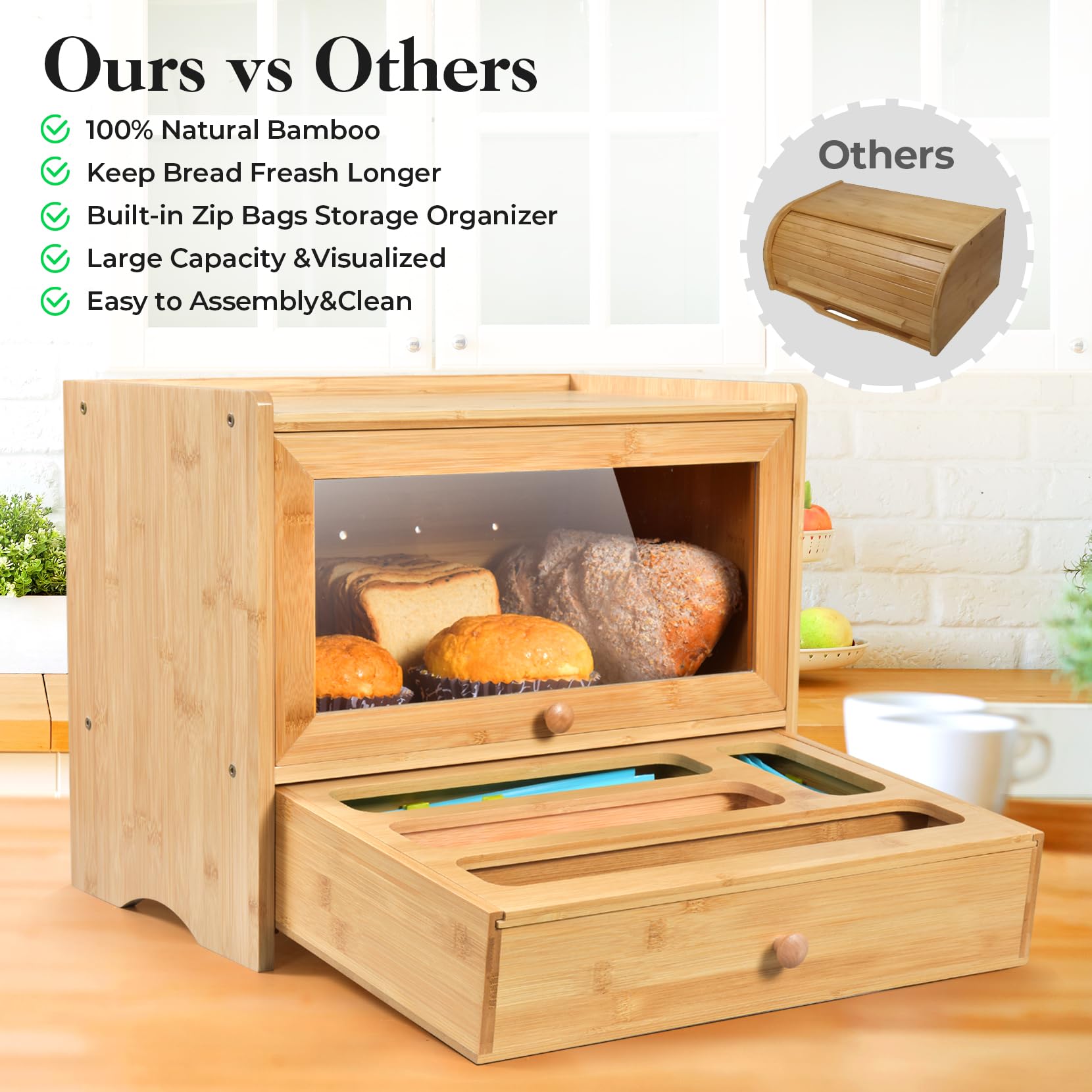 Bamboo Bread Storage Box with Window & Zip Baggie Organizer - Kitchen Countertop Corner Bread Keeper for Homemade Bread, Drawer & Pantry Organization - Perfect for Fresh Bread Storage & Kitchen Counter Space Saving