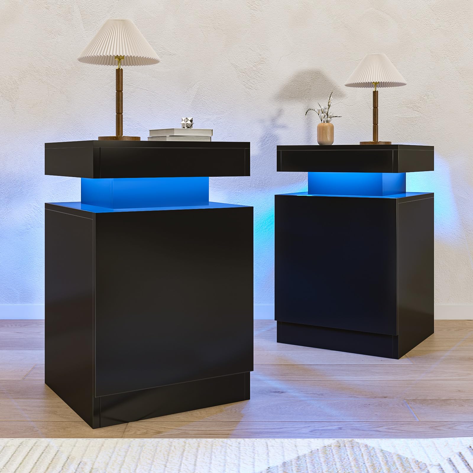Oneinmil 2-Piece LED Nightstand Set with Storage - Black, for Bedroom & Living Room