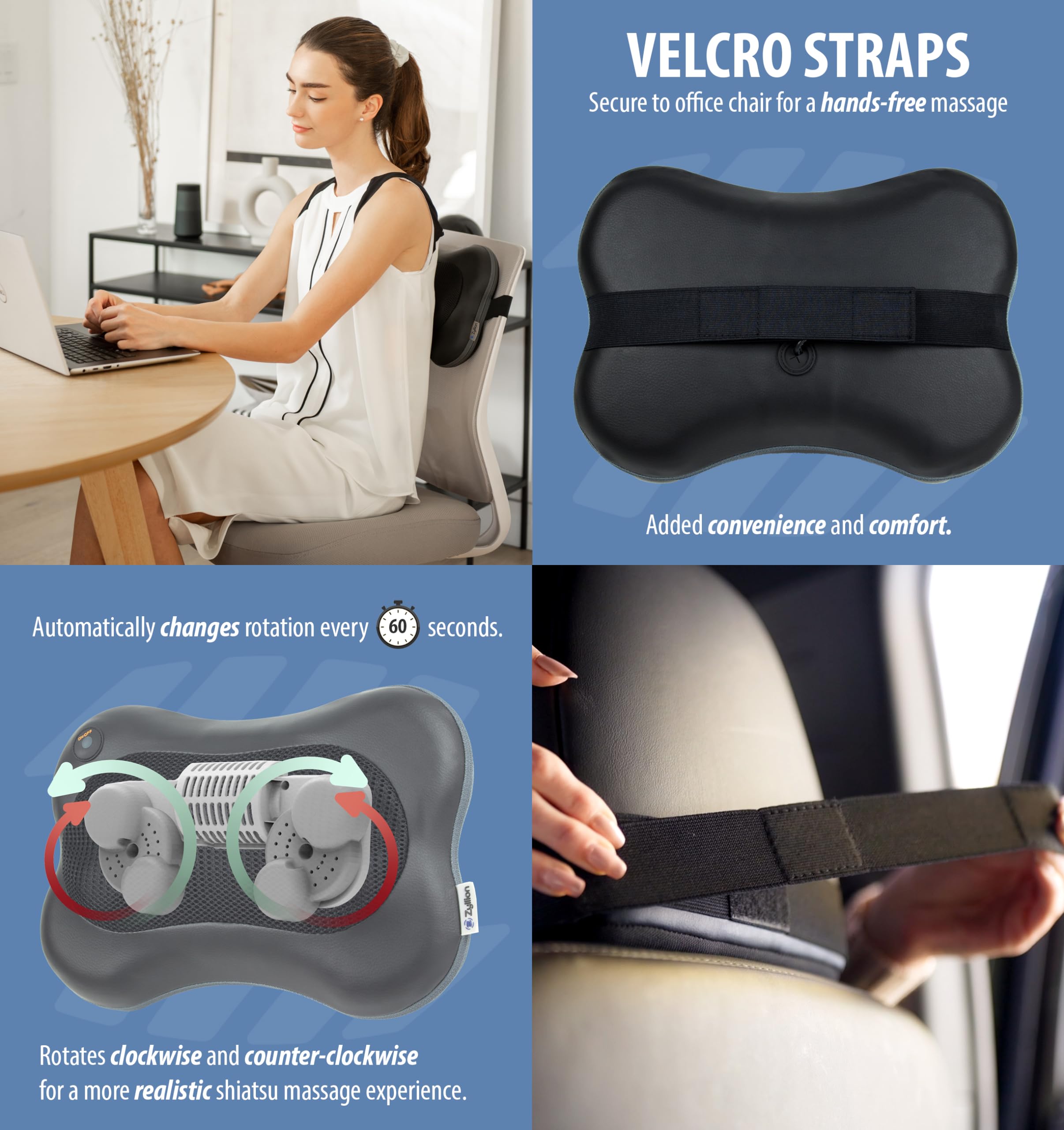 Zyllion Shiatsu Back Massager with Heat & Vibration - Black | Deep Tissue Muscle Massage Roller - Black/Blue | Perfect for Home, Office & Post-Workout Recovery