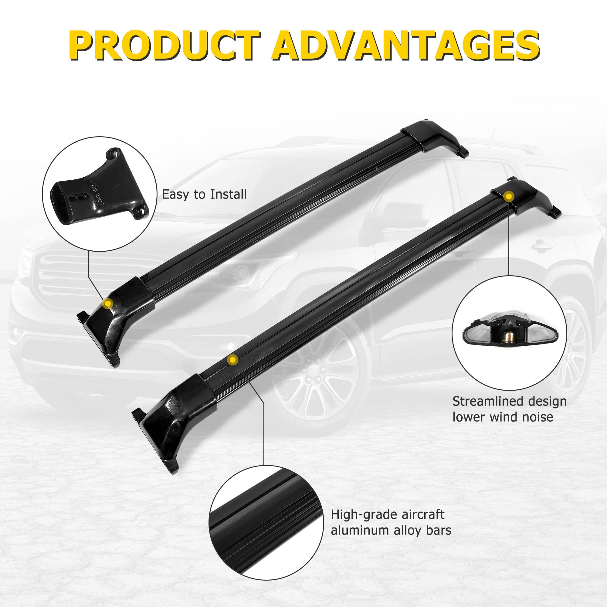 AUXMART Aluminum Roof Rack Cross Bars for 2017-2023 GMC Acadia - 165LBS Capacity, Bright Black Cargo Bars for One-Piece Side Rails (with Fixed Points) | Perfect for Road Trips, Camping Gear & Outdoor Adventures