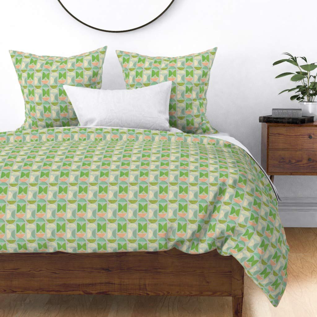 Premium Cotton Sateen Duvet Cover King/California King - Mid Century Modern Vintage Geometric Pattern in Soft Green Pastel | Retro Atomic Abstract Print Custom Bedding for Master Bedroom & Guest Room Decor
