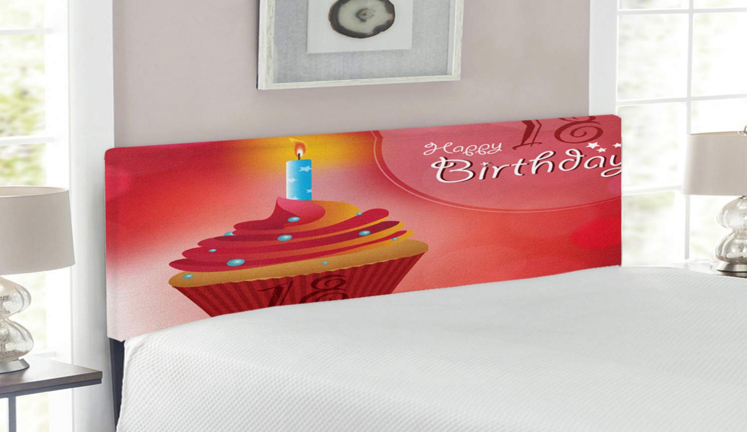 Ambesonne 18th Birthday Headboard - Queen Size Upholstered Metal Bed Frame with Memory Foam, Vibrant Hot Pink Red & Orange Cupcake with Candles Design | Perfect for Teen Bedrooms, Birthday Party Decor & Dorm Room Makeovers