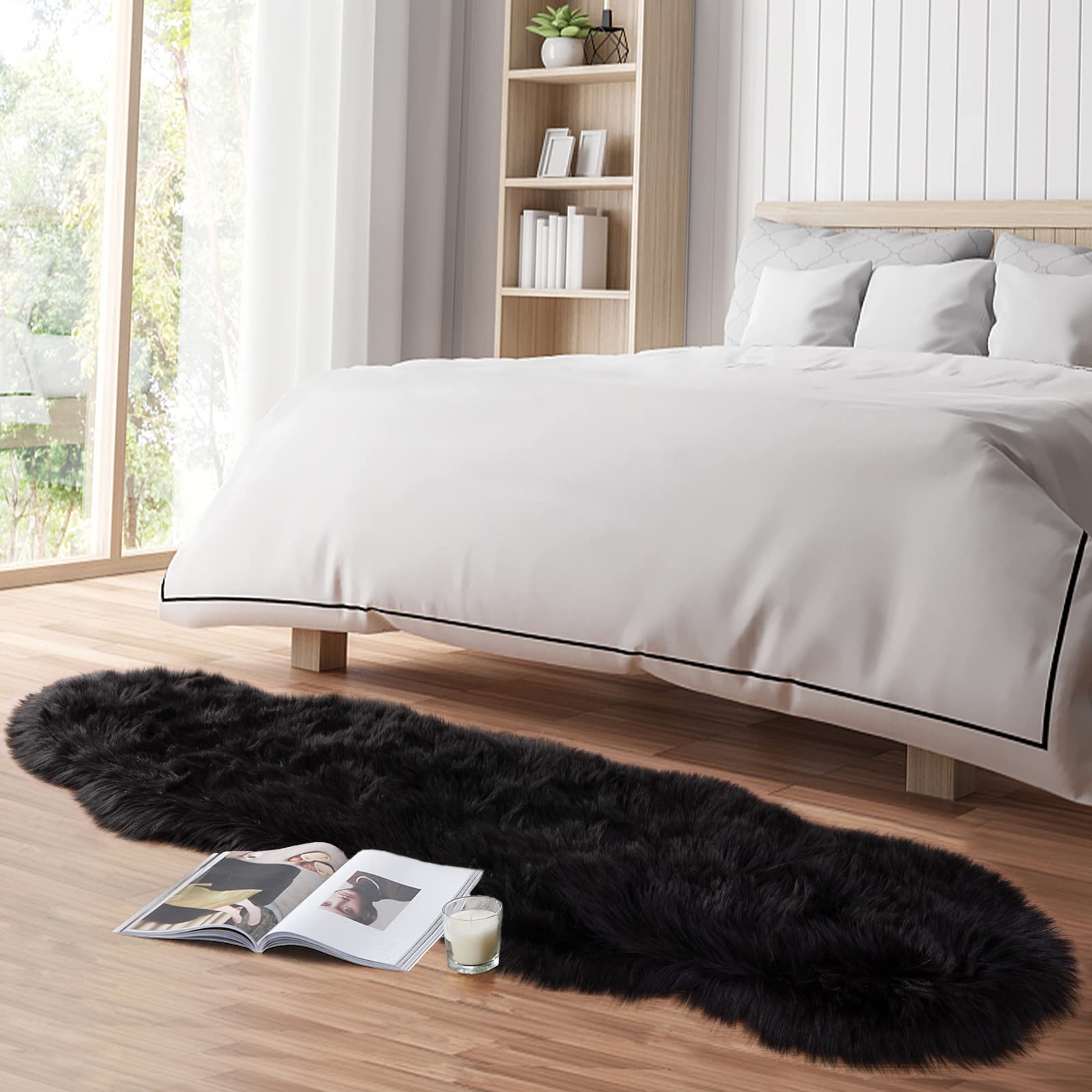 Soft Faux Fur Rug 2x6ft - Fluffy Shaggy Area Rug for Bedroom, Nursery, Living Room | Plush Sheepskin Runner for Sofa, Couch & Floor Decor | Black Fuzzy Carpet for Cozy Home & Bedside (Perfect for Winter Warmth & Pet-Friendly Spaces)
