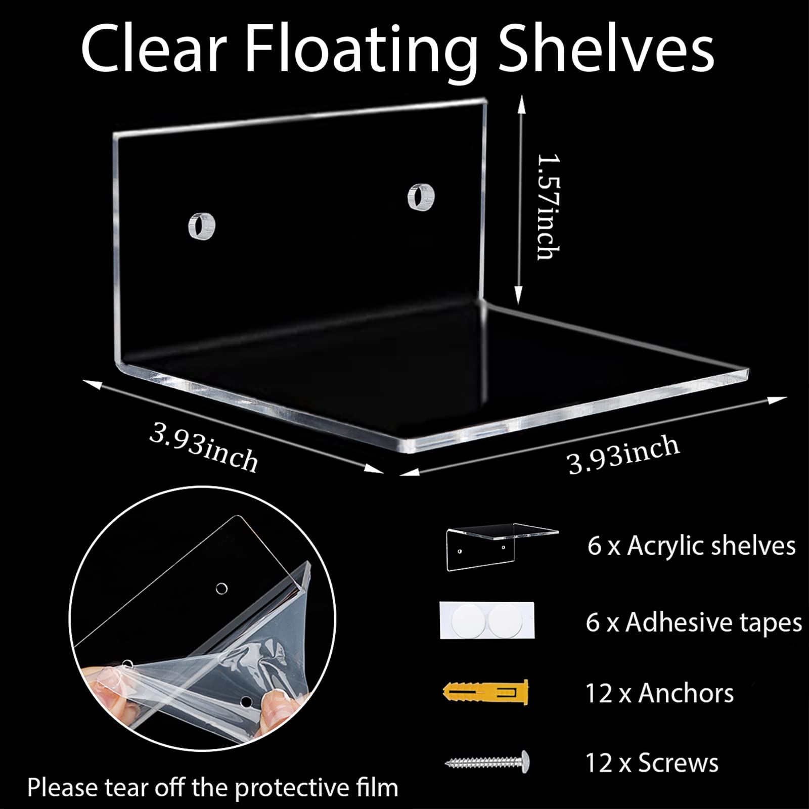 6 Pack Clear Acrylic Floating Shelves for Wall Mounting - Small Adhesive Display Shelves for Plants, Funko Pop Figures, Toys & Pictures - Perfect for Bedroom, Living Room & Office Decor