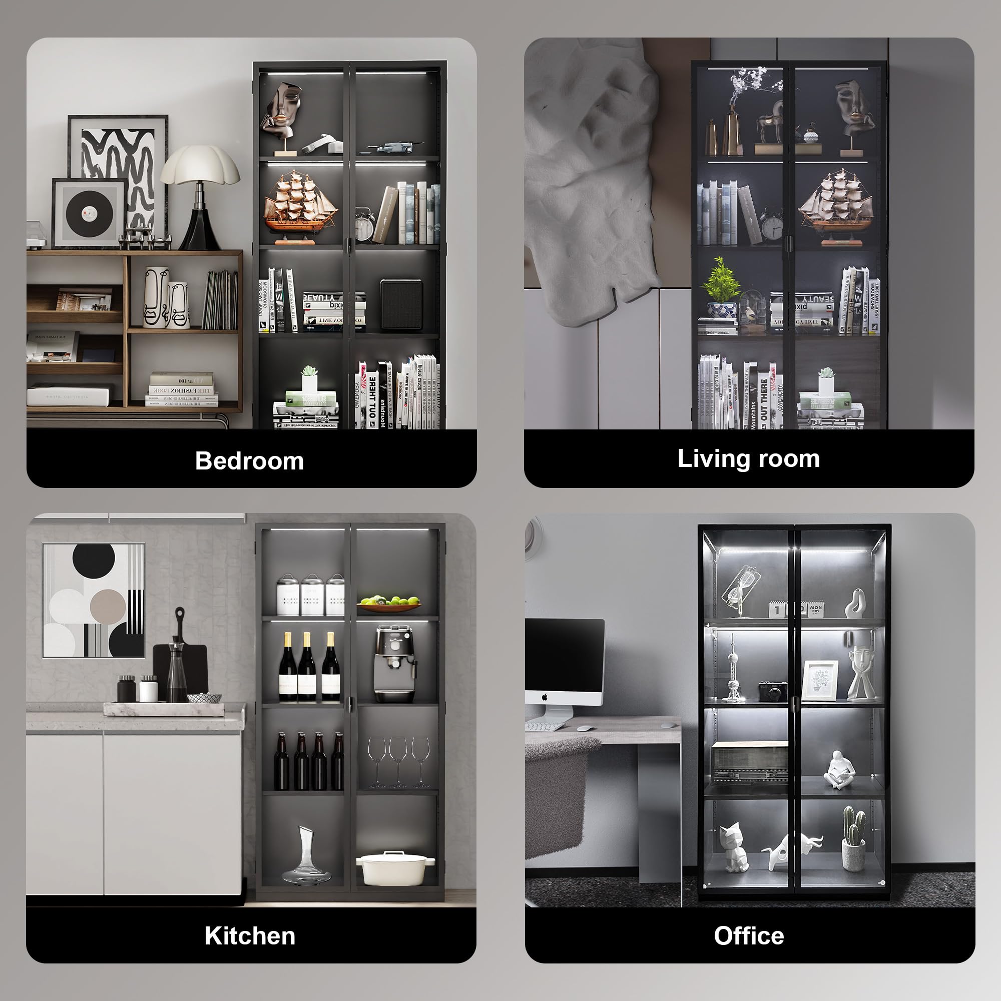 Glass Display Cabinet with LED Lights & Adjustable Shelves - Perfect for Living Room & Office