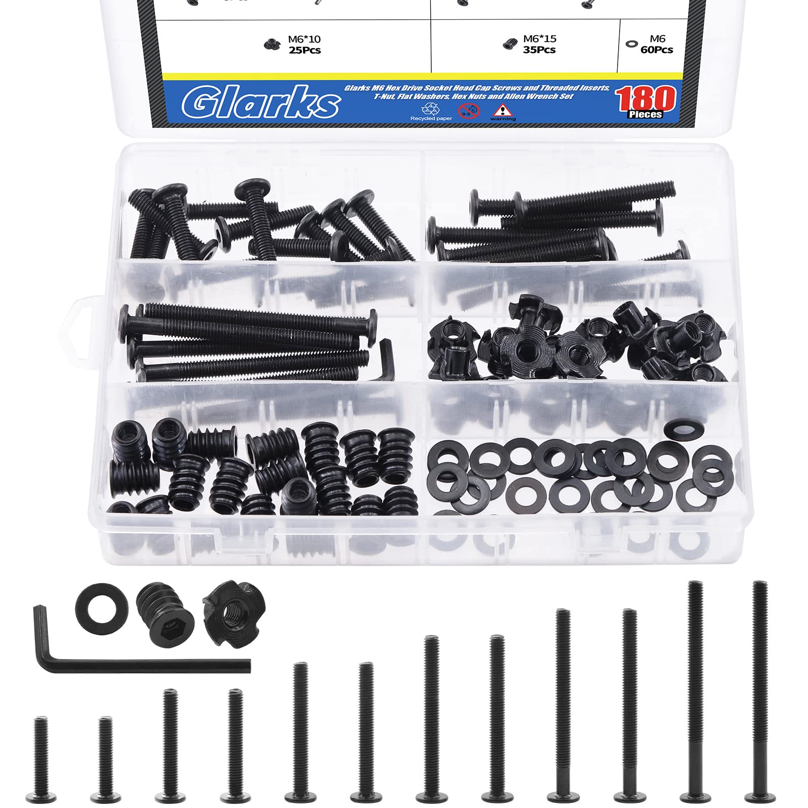 Glarks 181Pcs M6 Baby Bed Screws Kit with Allen Wrench for Wood Furniture Assembly