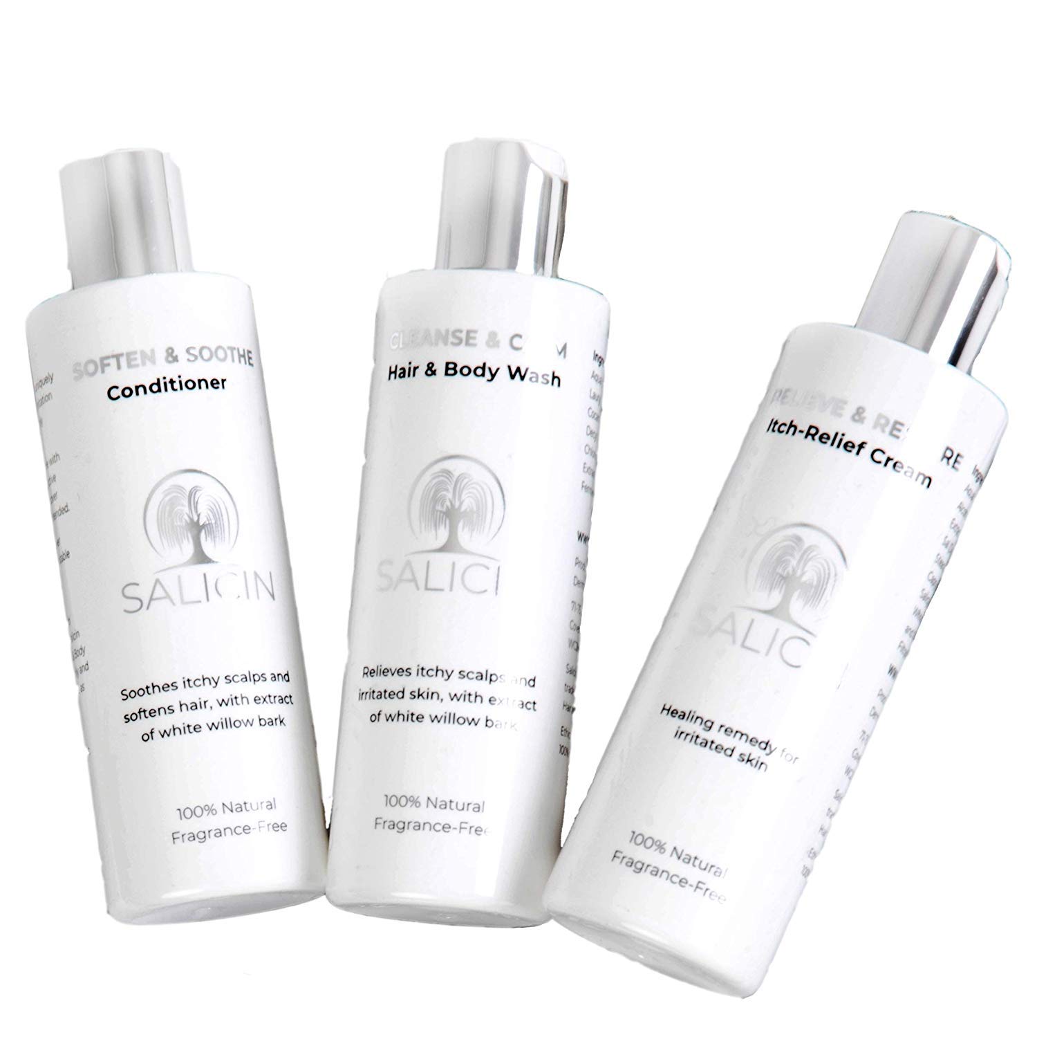 Salicin Essential Trio Set - 250ml Cleansing Hair & Body Wash, Soothing Conditioner, Itch Relief Cream | Vegan, Fragrance-Free Skincare & Haircare | Perfect for Sensitive Skin & Daily Relaxation Routine