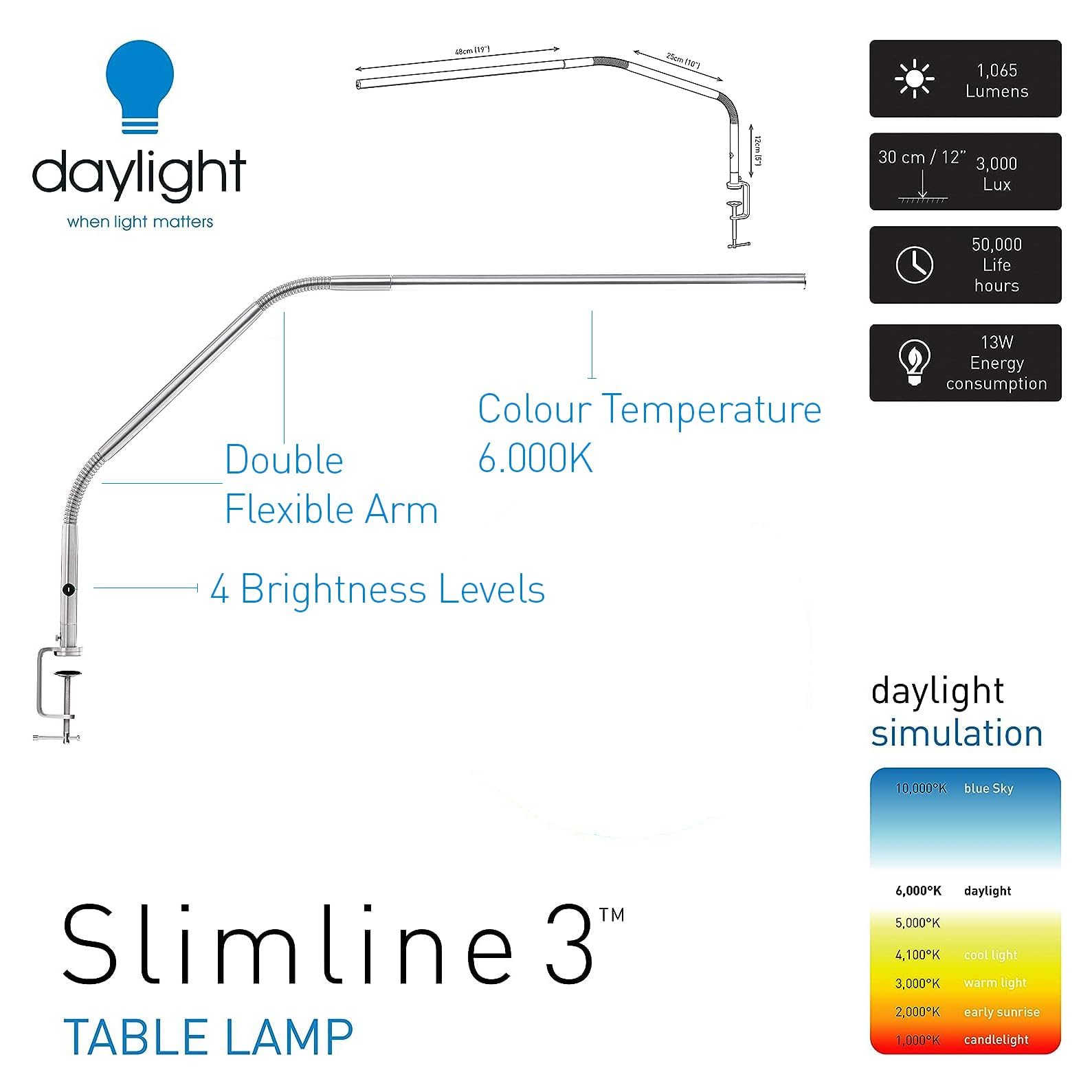Daylight Company Slimline 3 LED Desk Lamp - Touch Dimmable Table Light, 13W White for Sewing, Needlework, Quilting, Nail Art, Permanent Makeup & Reading | Perfect for Craft Rooms, Home Office & Art Studios