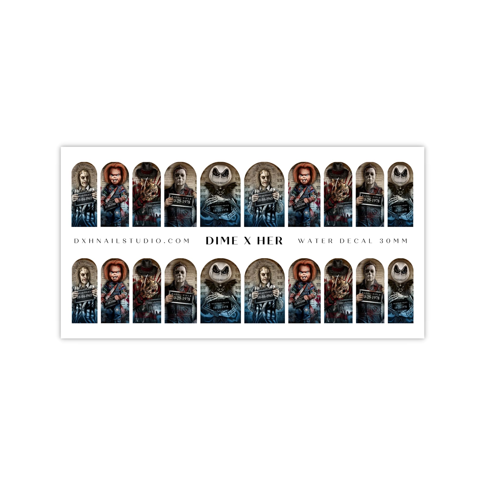 Horror Villain Halloween Nail Decals - Joker, Chucky, Jack Skellington Water Transfer Nail Wraps for Acrylic, Gel X & Press On Nails (30MM Shorty) - Perfect for Halloween Parties, Cosplay & Spooky Nail Art Designs