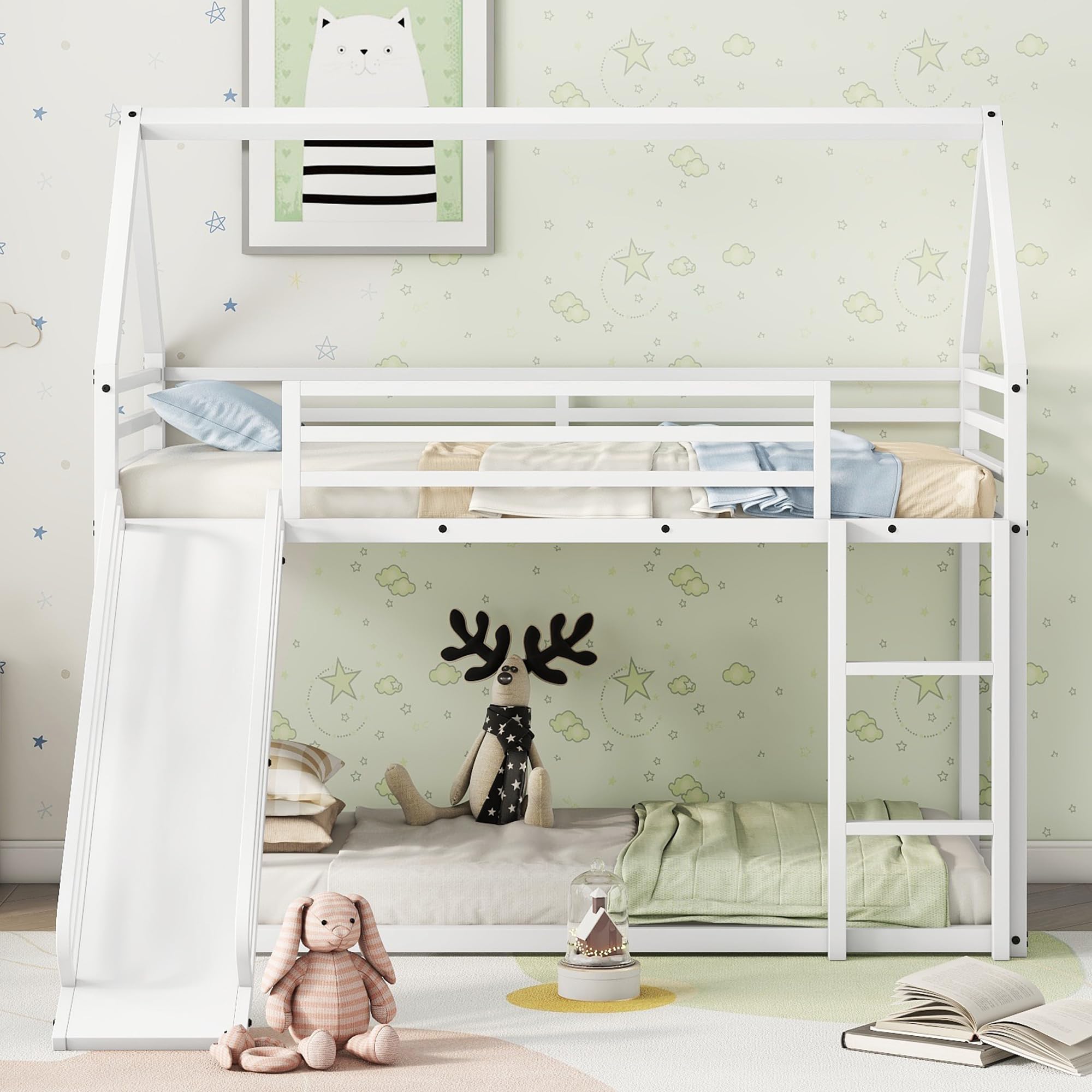 Twin Over Twin Bunk Beds with Slide - Metal House Bunk Bed for Kids & Toddlers - Floor Bunk Beds with Built-in Ladder for Boys & Girls - White - Perfect for Kids' Bedrooms, Sleepovers & Space-Saving Solutions