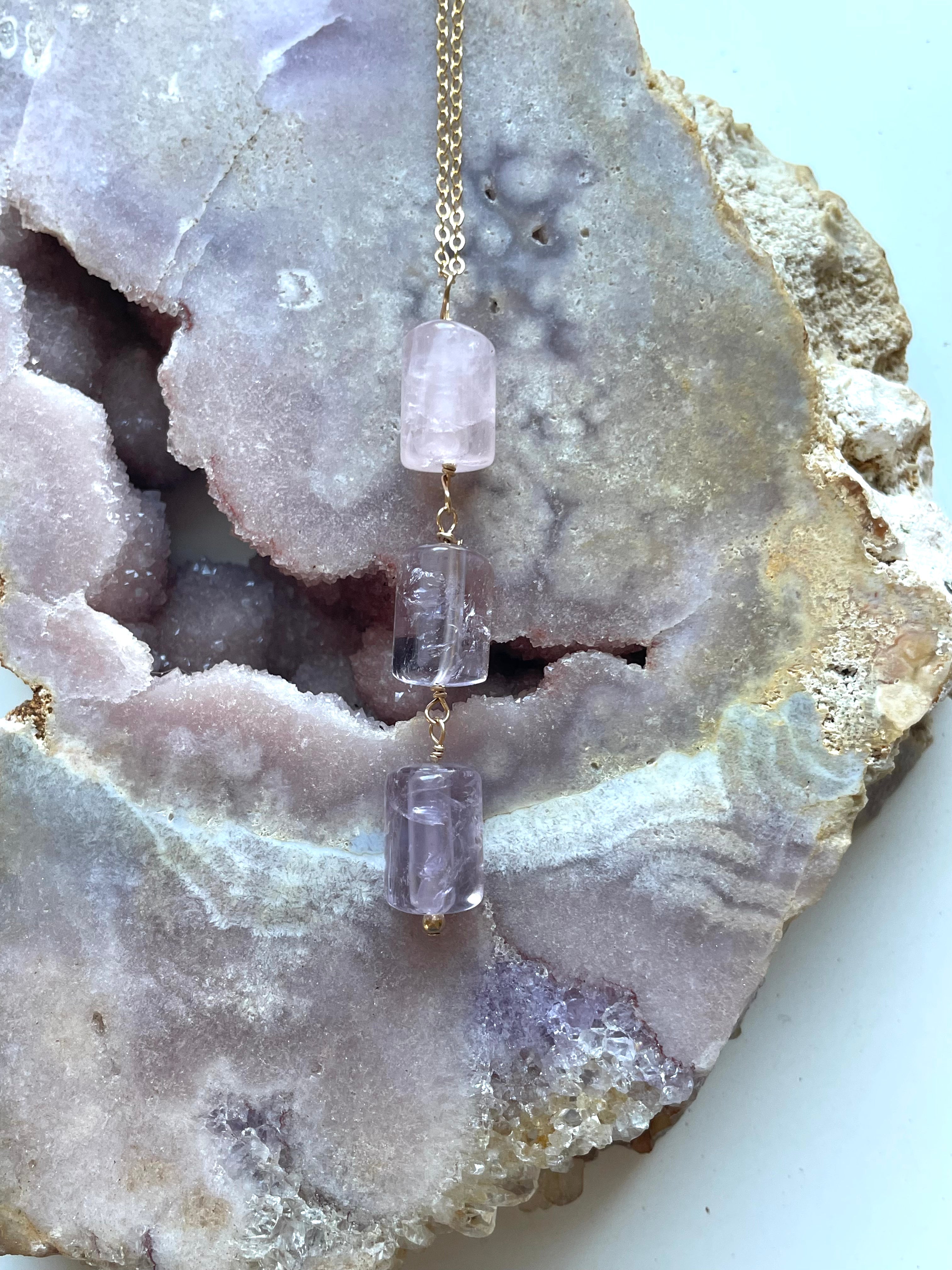 Rose Quartz and Amethyst Crystal Gemstone Lariat Necklace - Elegant Healing Jewelry for Women, Perfect for Meditation, Yoga & Spiritual Gifts