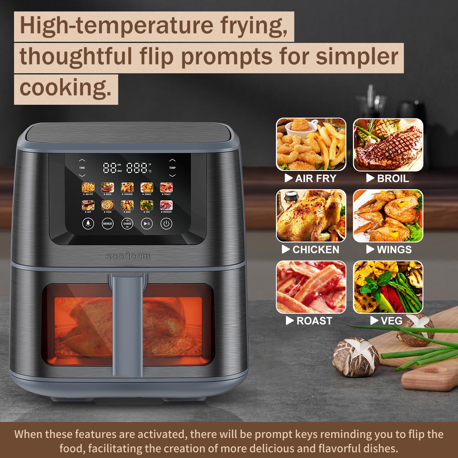SEEDEEM Max XL 8-Quart Air Fryer Toaster Oven Combo - 10-in-1 Multi-Function Countertop Convection Oven with LCD Touchscreen, ClearCook Window for Baking, Roasting, Broiling, Dehydrating (Gray) - Perfect for Family Cooking, Healthy Meals & Party Snacks