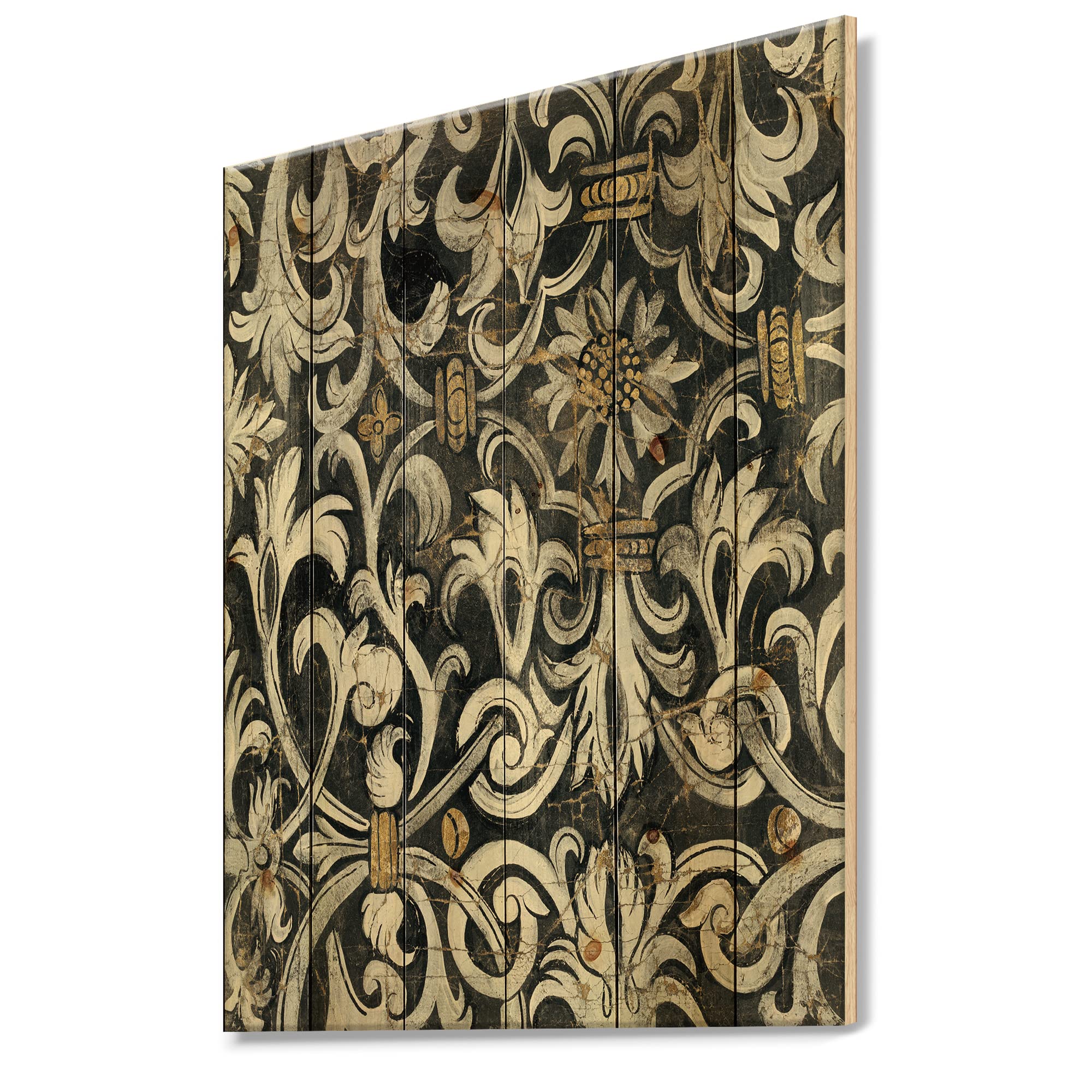 Gold Metallic Floral Strapwork Traditional Wood Wall Decor - Black Large Cottage Wall Art Panels Printed on Natural Pine Wood - Perfect for Living Room, Bedroom, or Farmhouse Decor